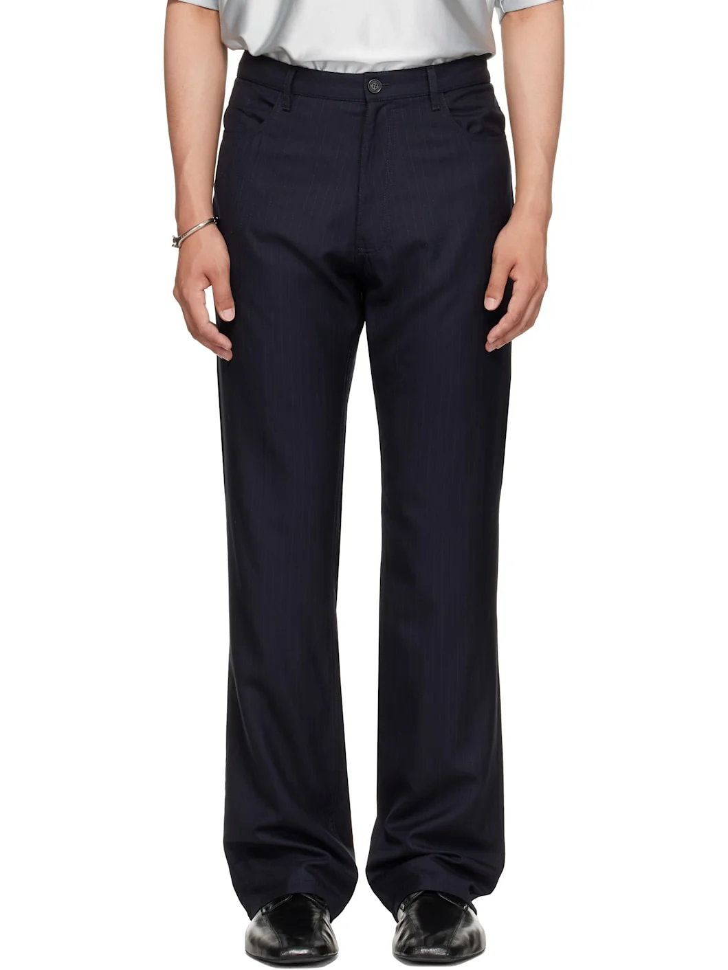 Navy Fine Wool Pinstripe Trousers - 1