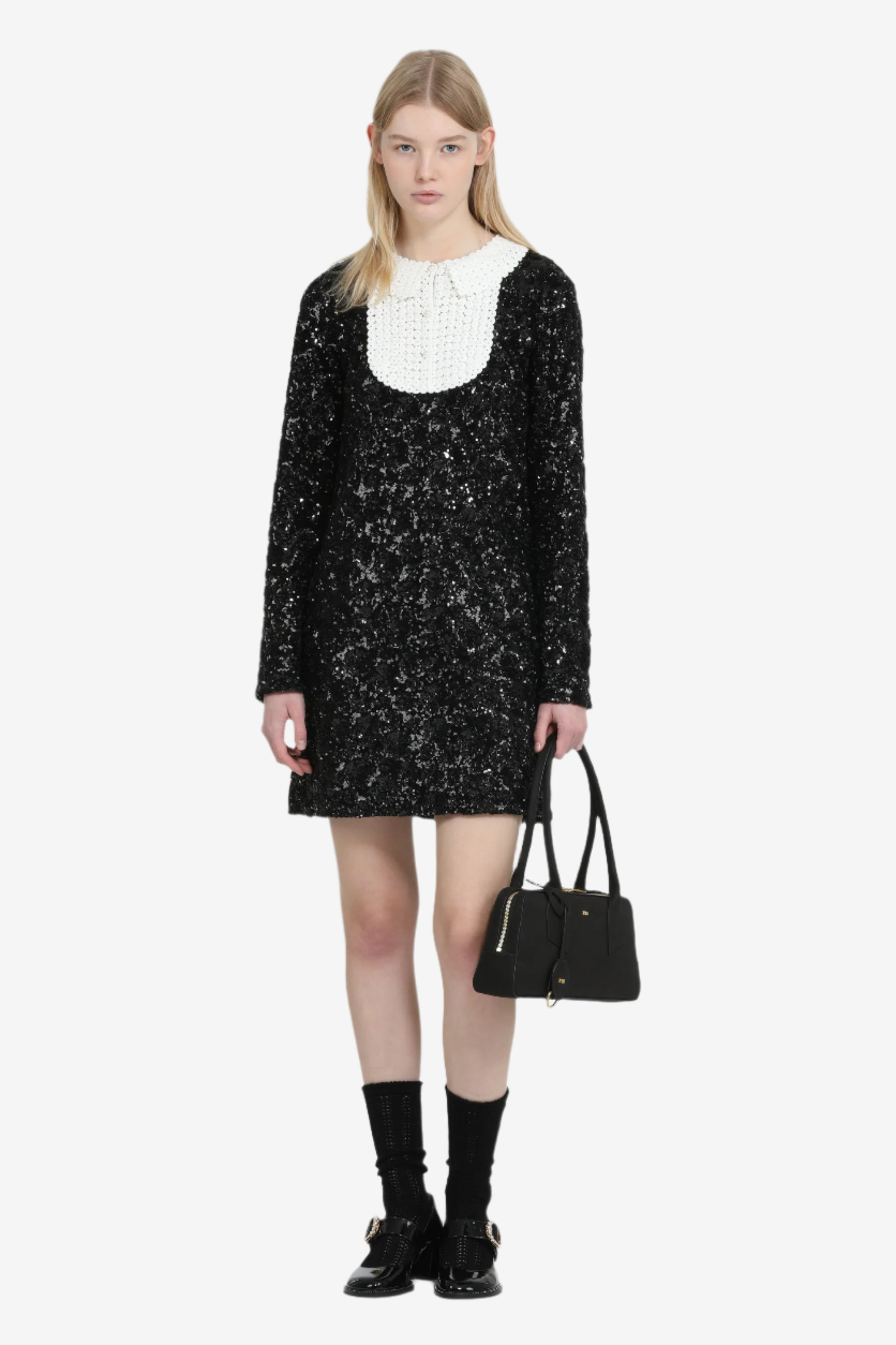 SHORT TWO-TONE DRESS WITH EMBROIDERY AND BEADS - 4