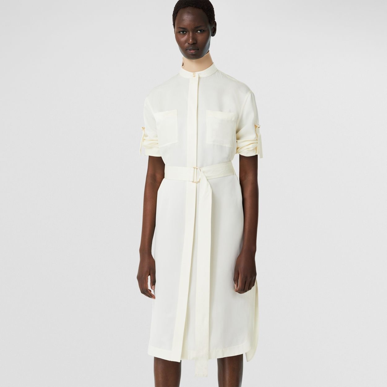 Long-sleeve D-ring Detail Silk Satin Dress - 6