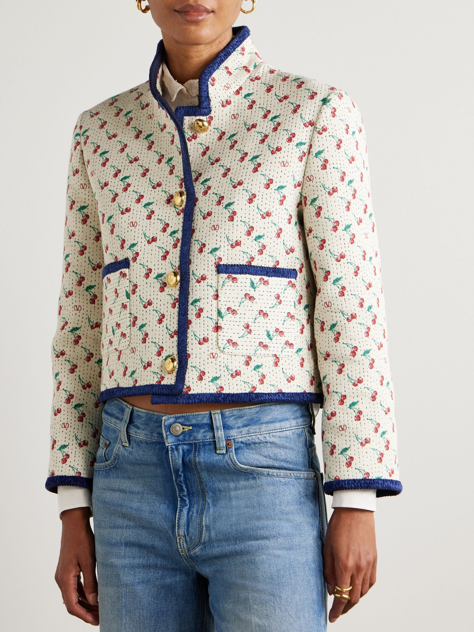 Cherryfic chenille-trimmed quilted cotton-blend jacquard jacket Cream - 3