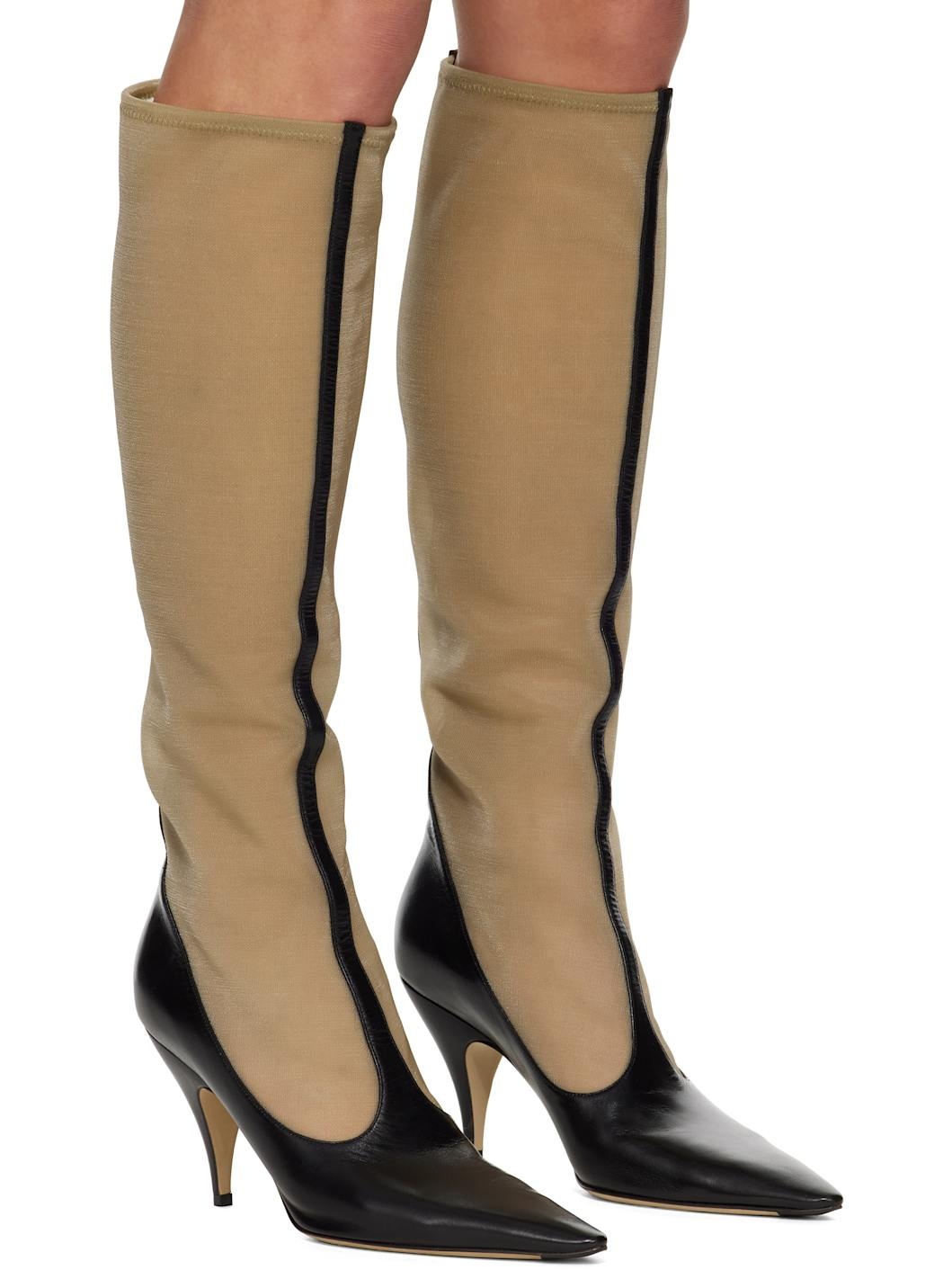 Black & Beige Mesh Tall Boots - 4