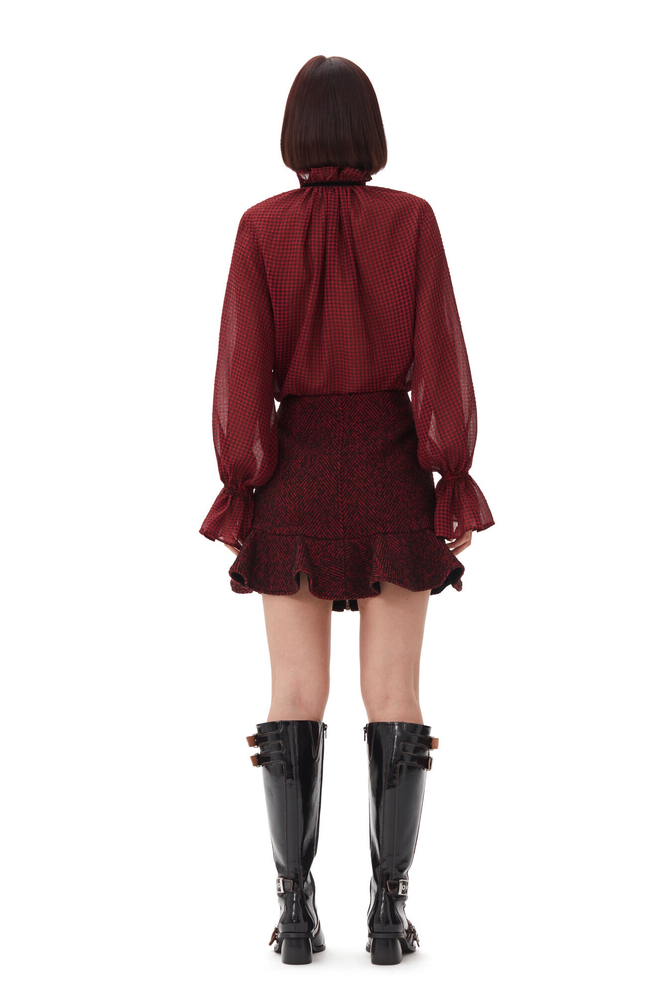 RED HERRINGBONE WOOL MINI SKIRT - 4