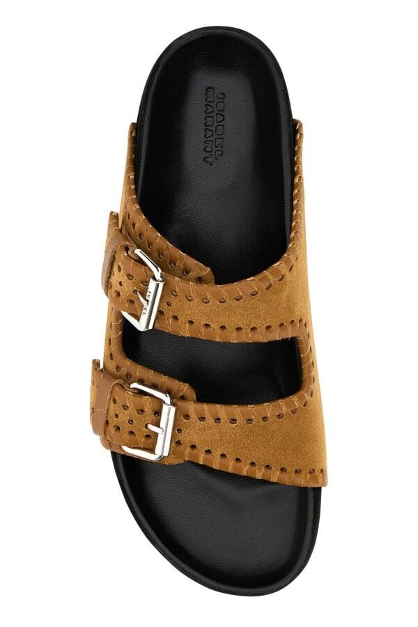【関税&送料込】Isabel Marant Camel Suede Lennyo Slippers ISABEL MARANT Lennyo leather-trimmed suede slides | NET-A-PORTER