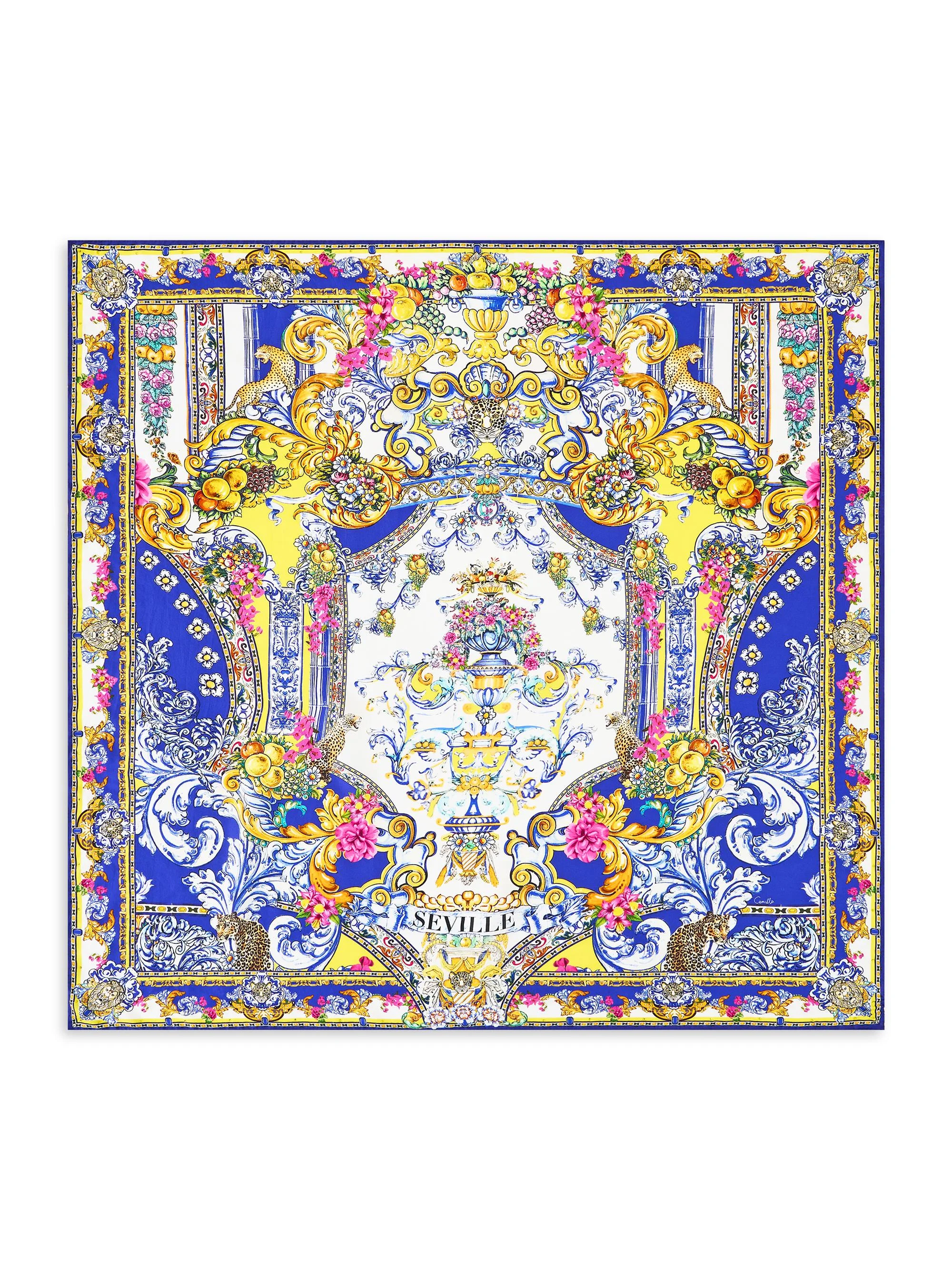 Women's Large Embellished Printed Silk Square Scarf - Espana Nirvana - 1