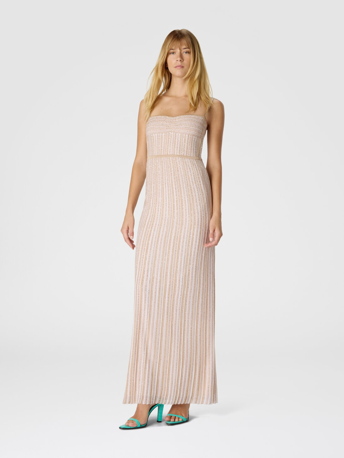 Sleeveless Long Dress with Lamé Stripes - 2