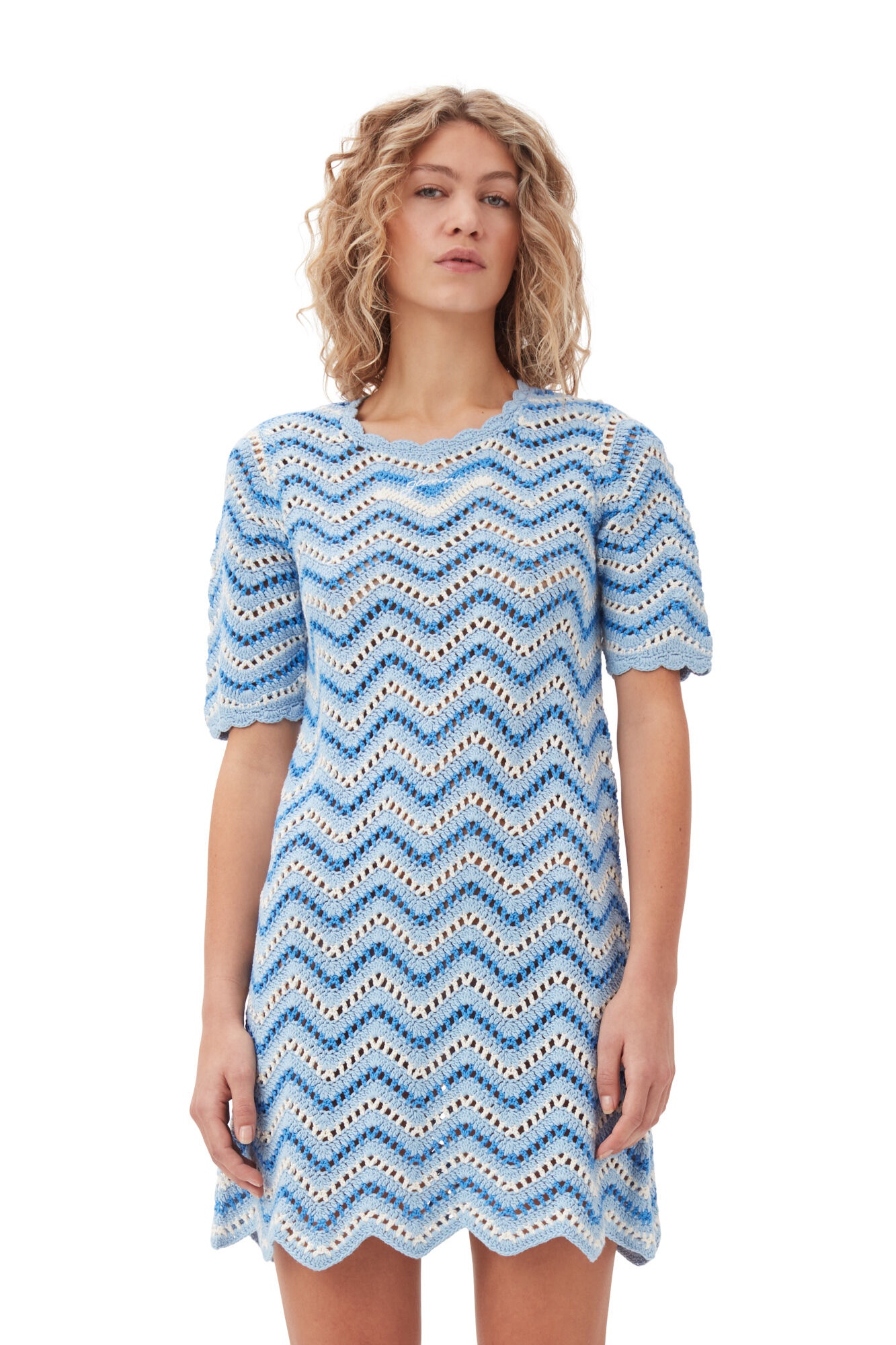 BLUE COTTON CROCHET MINI DRESS - 3