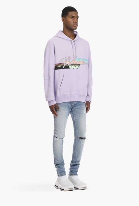 EXCLUSIVE - Lavender cotton hooded sweatshirt with multicolor Balmain logo - 7
