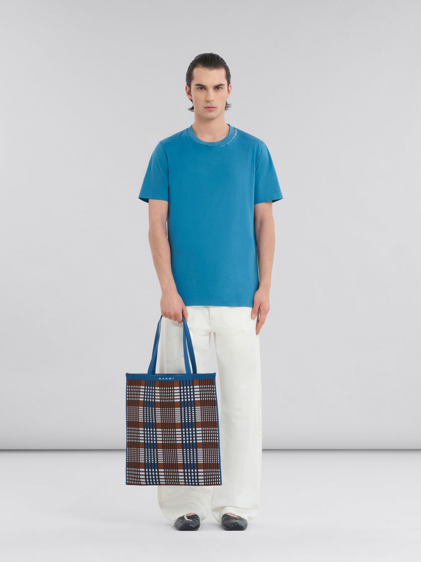 BLUE AND BROWN JACQUARD CHECK FLAT TOTE BAG - 2