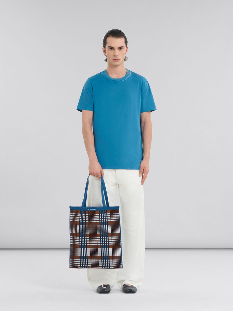 Marni BLUE AND BROWN JACQUARD CHECK FLAT TOTE BAG outlook