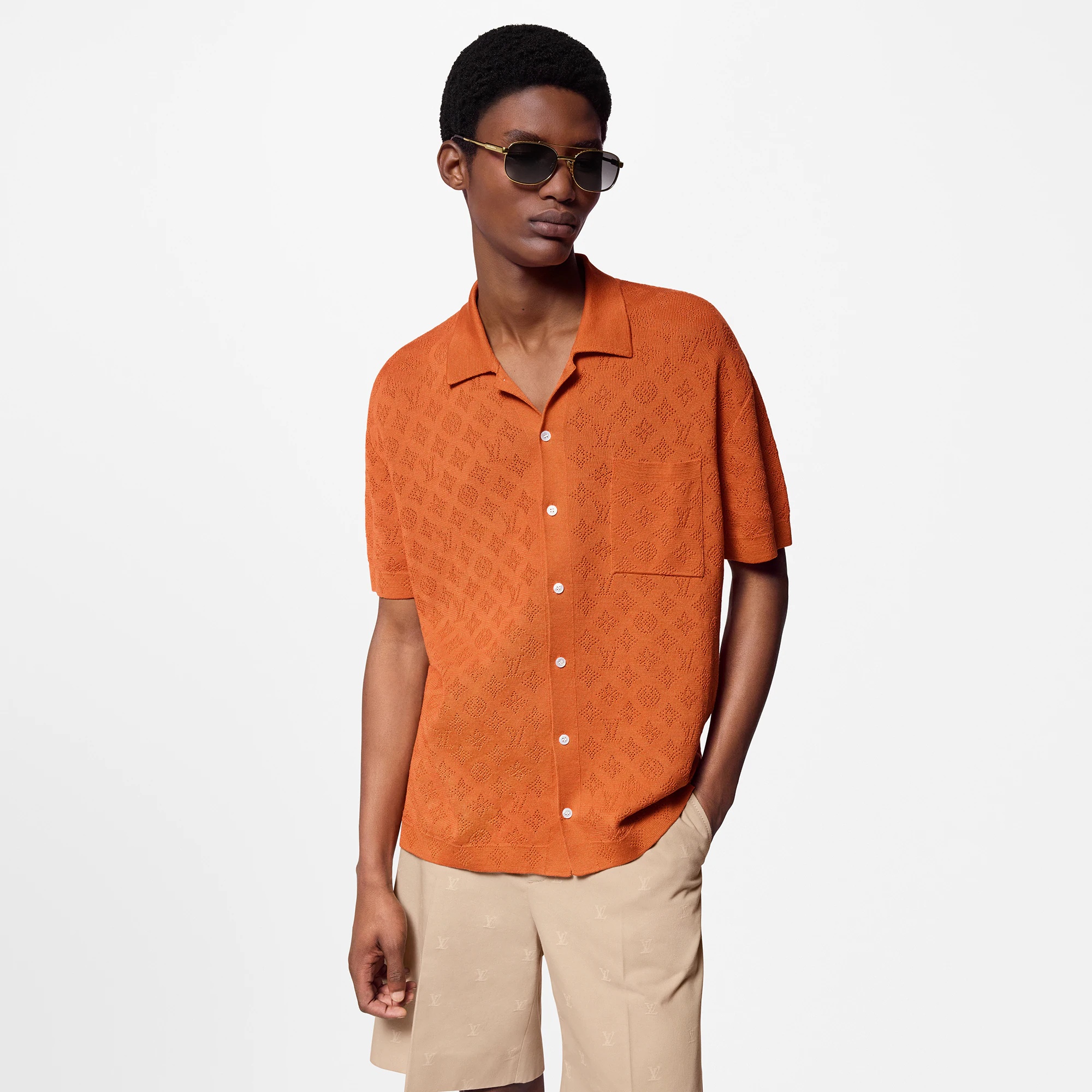 Monogram Pointelle Short-Sleeved Cotton Shirt - 2