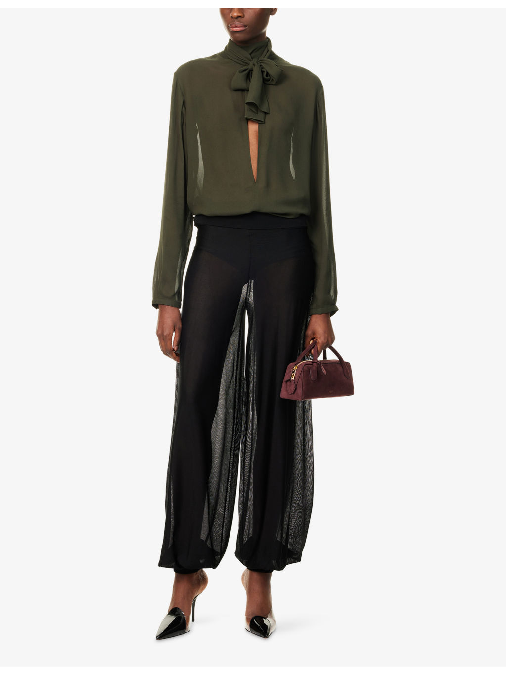 Scarf Long-Sleeves Woven Blouse - 2