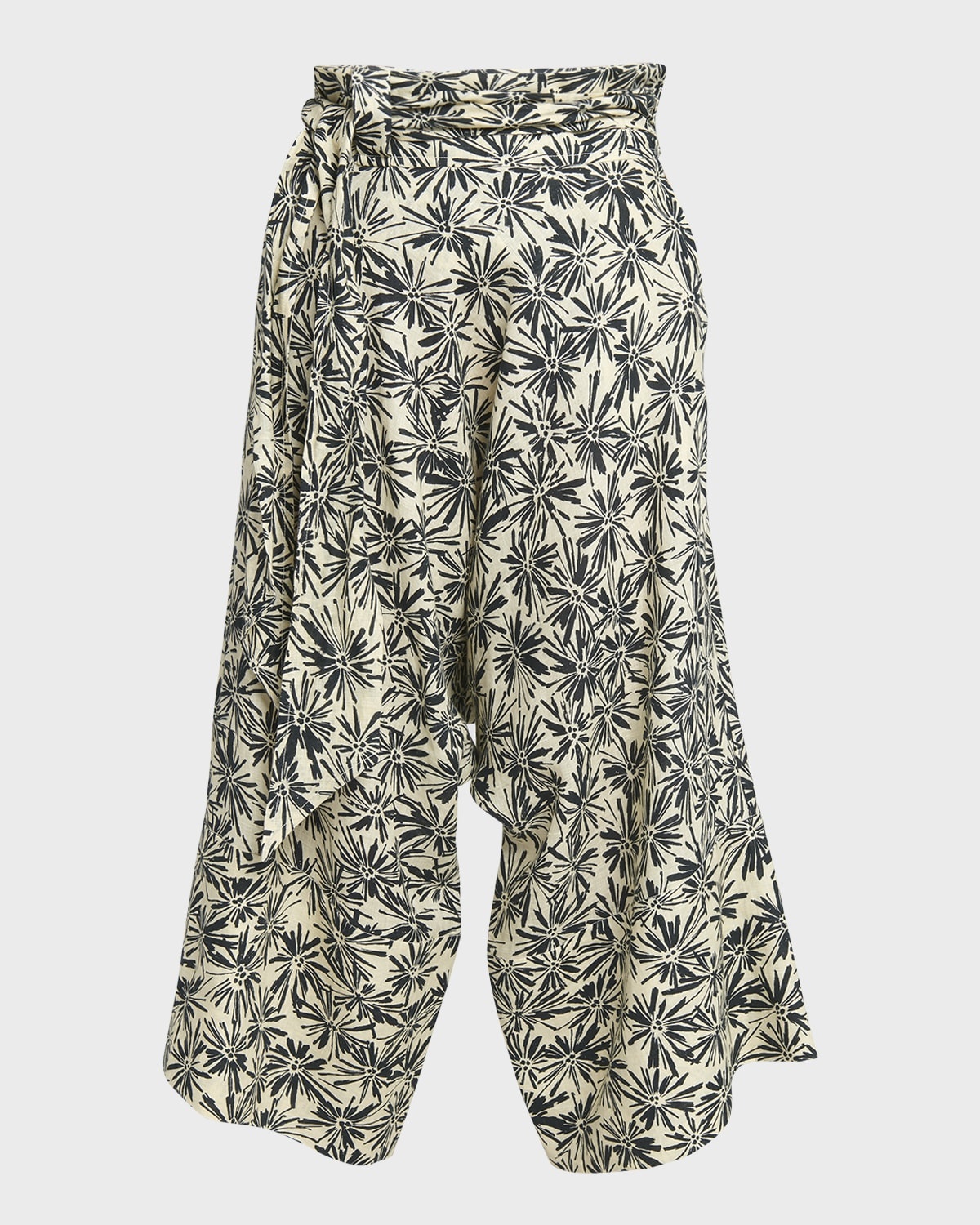 Yuki Flower-Print Wrap-Waist Wide-Leg Crop Linen Pants - 1