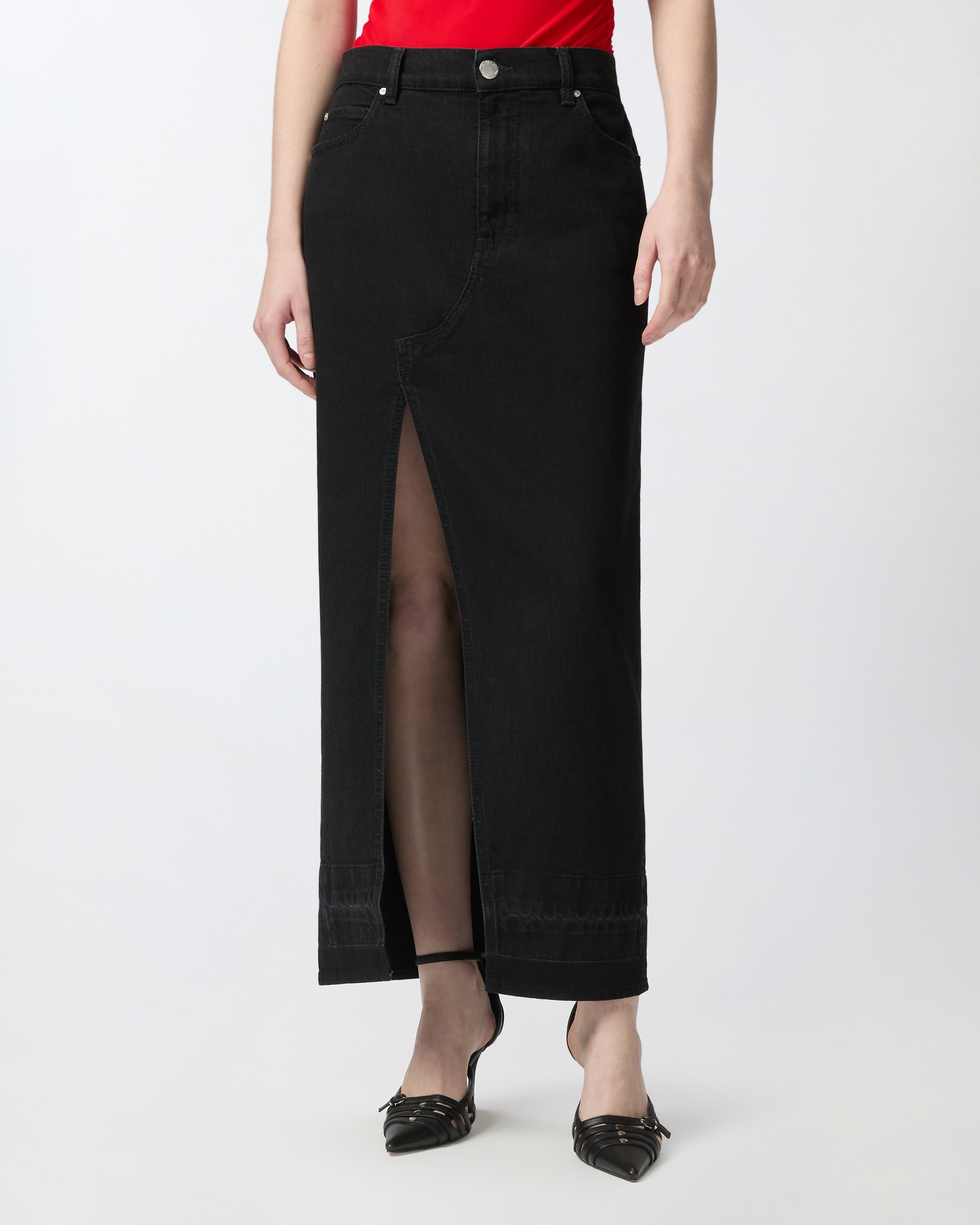 LONG SKIRT IN BLACK DENIM WITH SLIT - 3