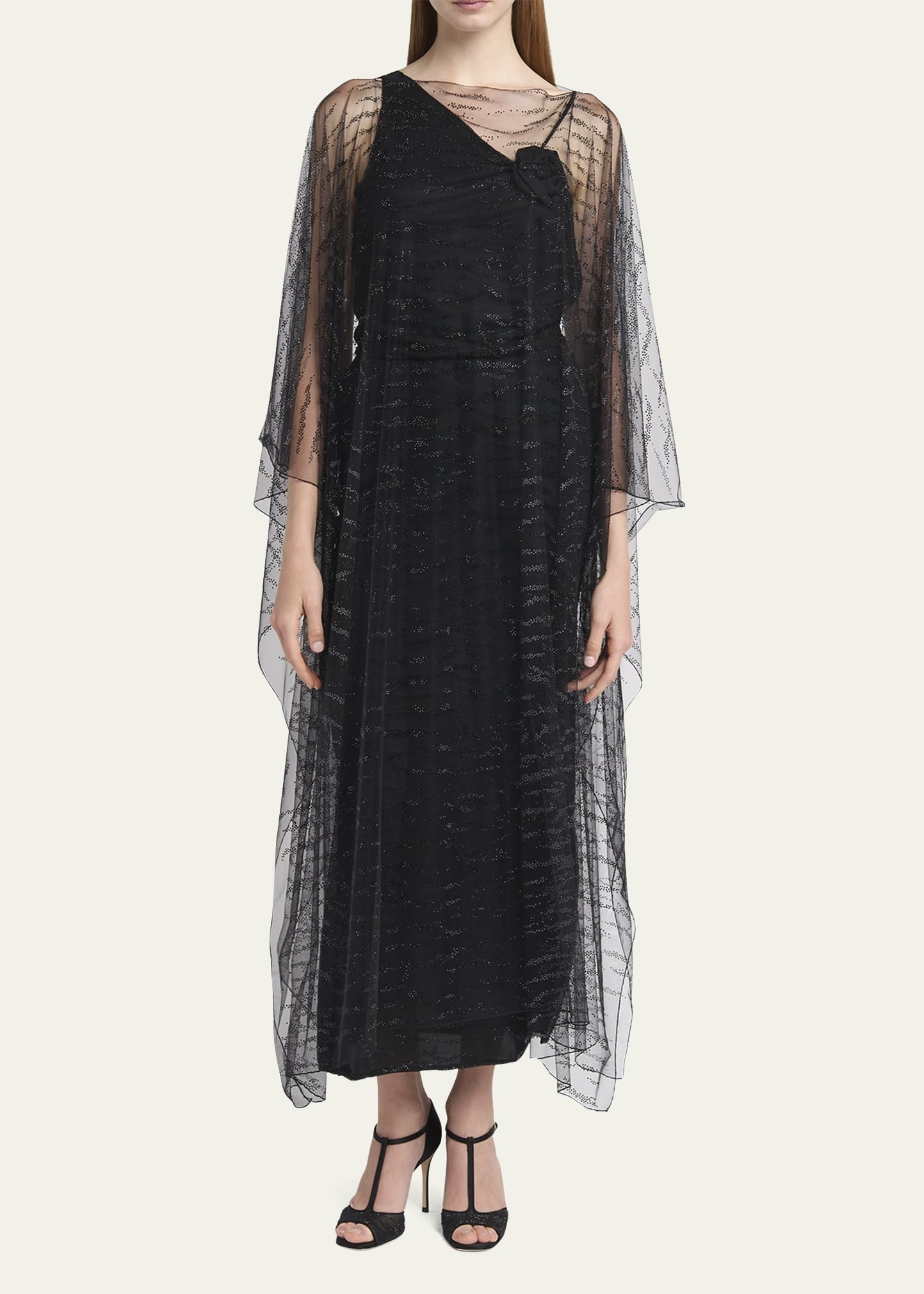 Crystal Embellished Sheer Long Cape - 2