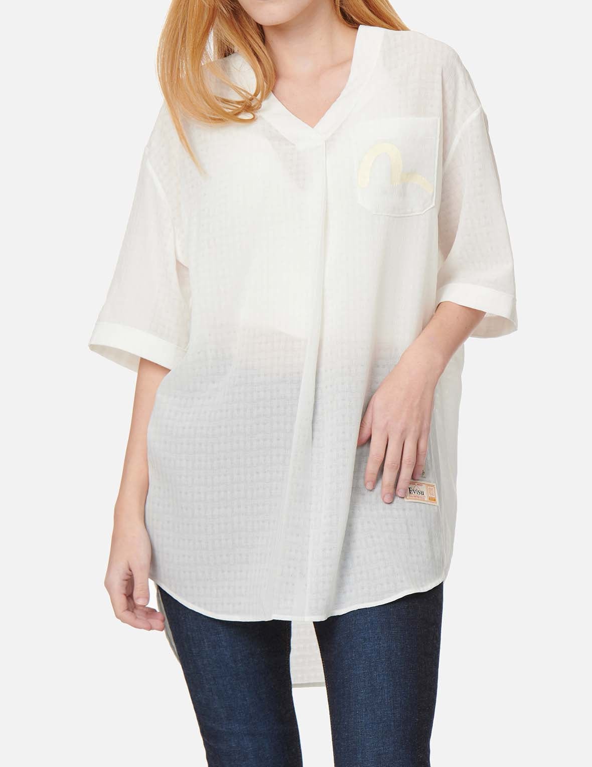 Seagull and Motto Print Seersucker V-neck Dress - 3