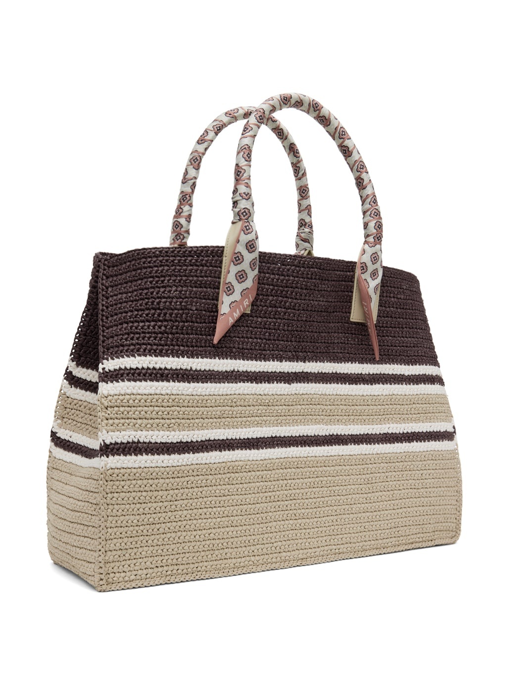 Brown Woven Stripe Raffia Tote - 3