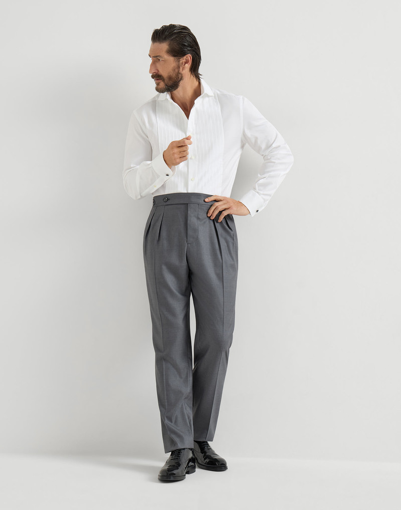 Virgin wool and silk lightweight twill tuxedo trousers with double pleats and waist tabs 5