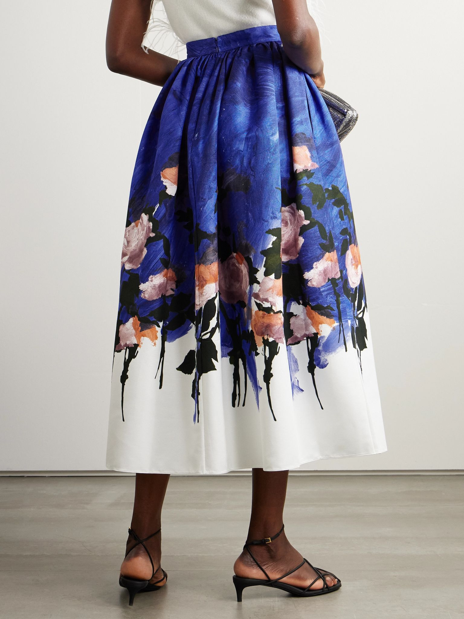 Gathered floral-print cotton-blend twill midi skirt Blue - 3
