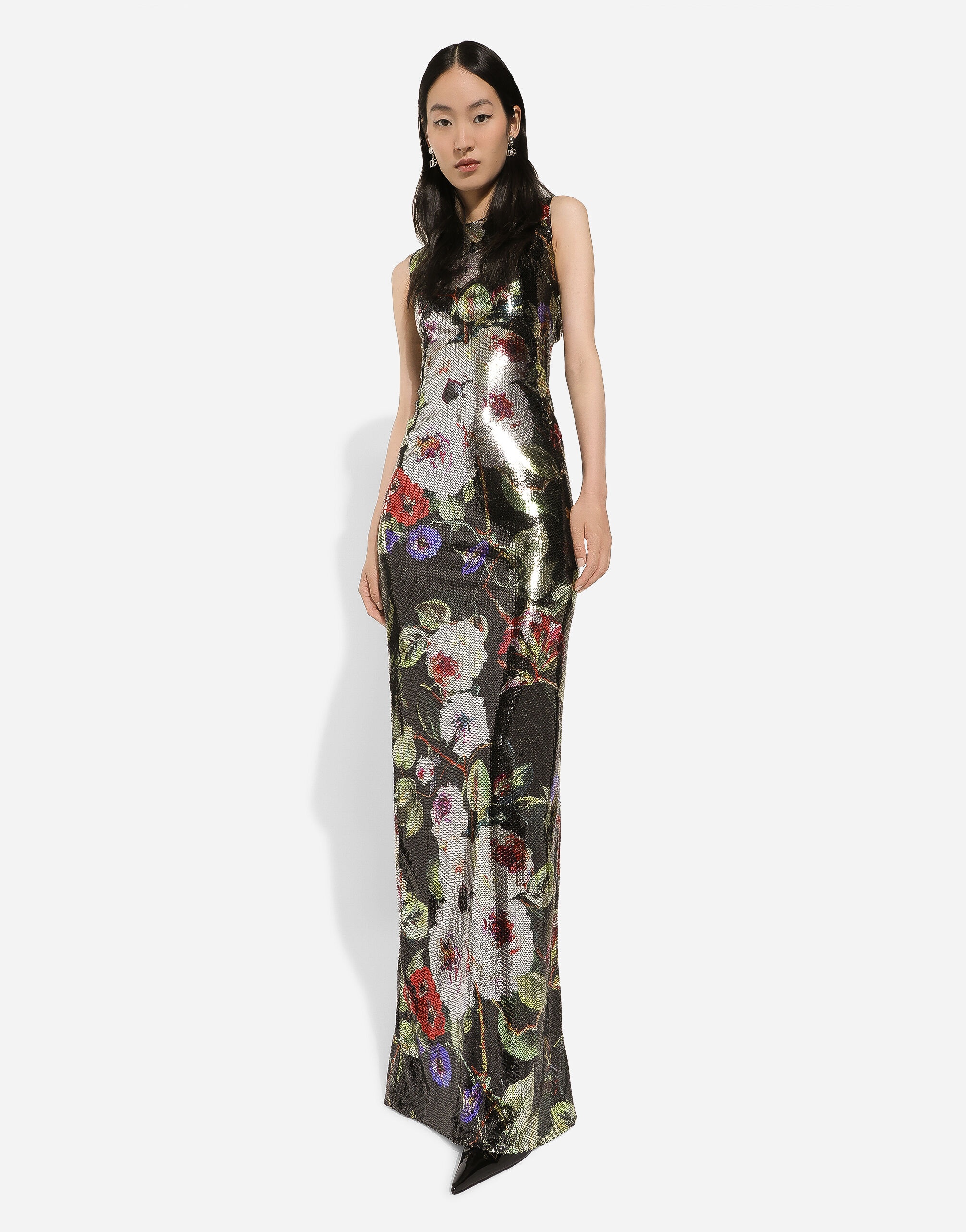 Long sequined dress with rose garden print - 5