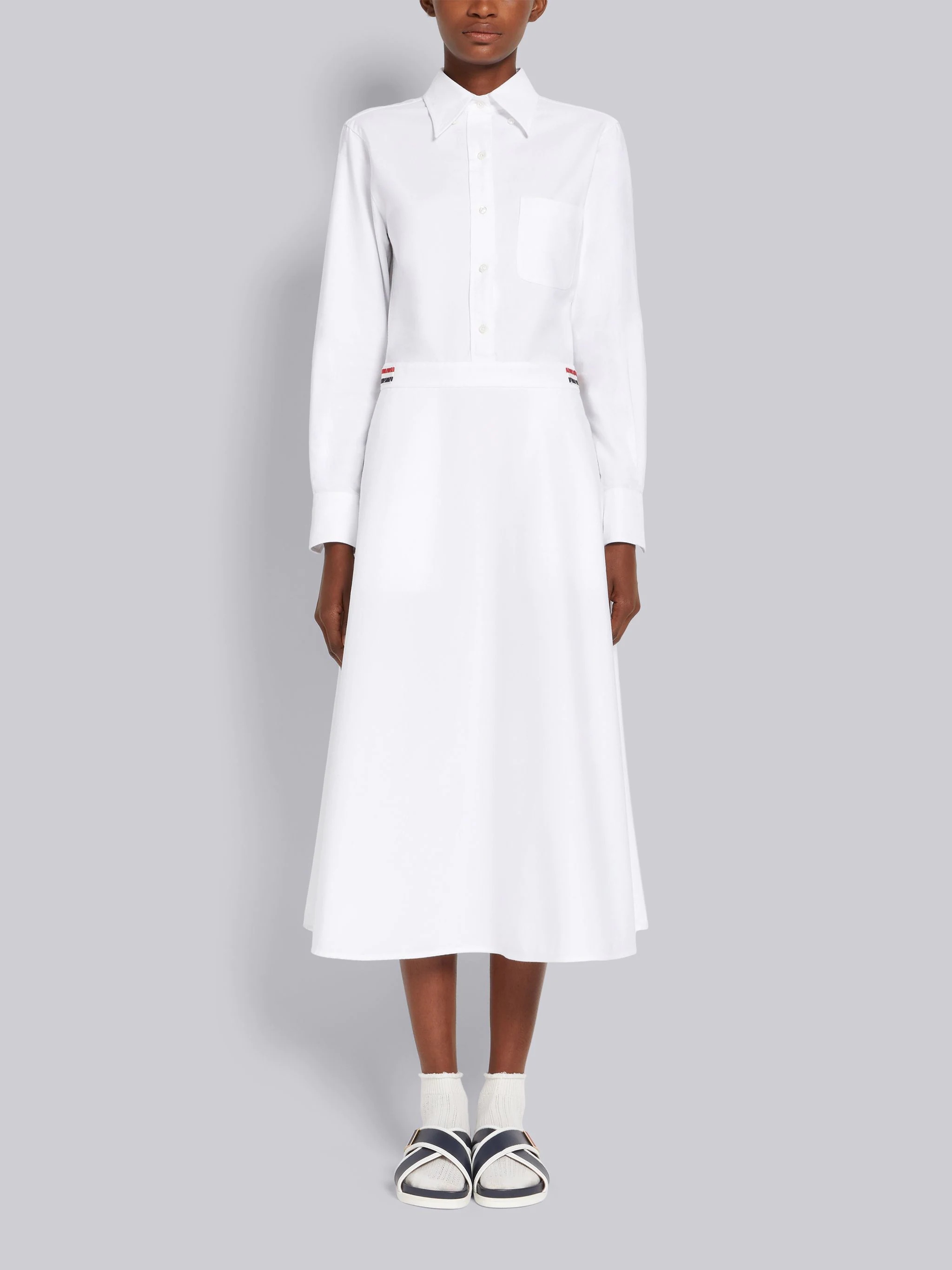 White Oxford High Waisted A-Line Below The Knee Shirtdress - 1