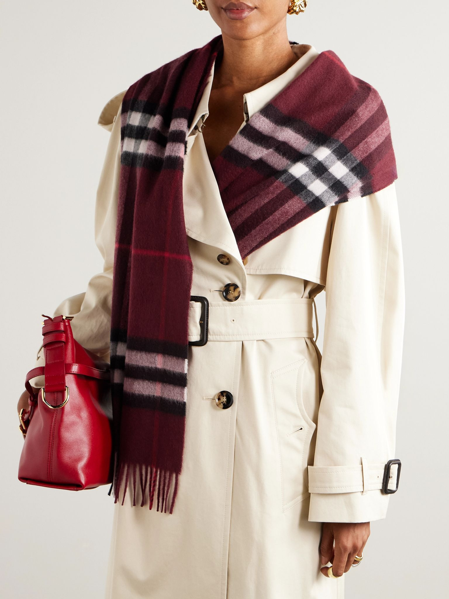 Fringed checked cashmere scarf Burgundy - 2