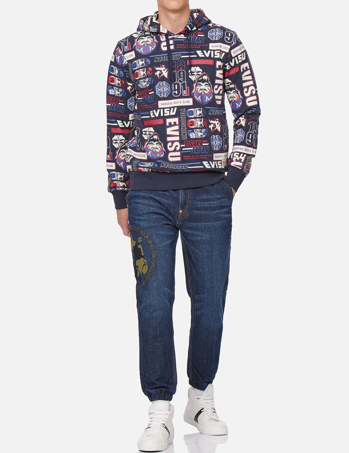 ALLOVER DARUMA AND SLOGAN PRINT HOODED SWEATSHIRT - 5