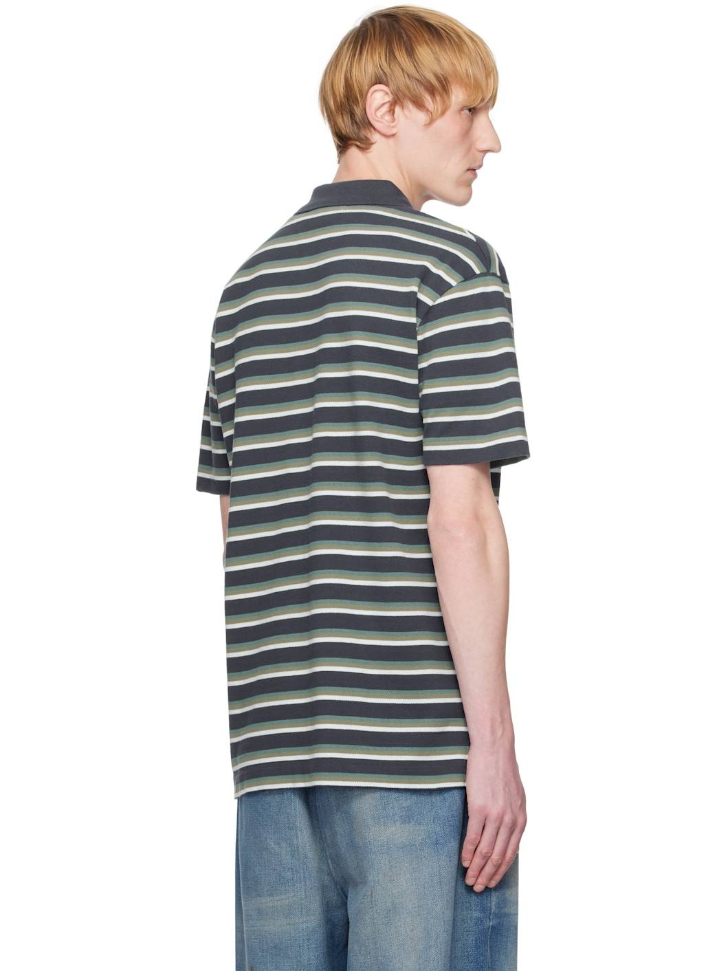 Navy & Green Profile Fox Patch Tri Color Stripes Polo - 3