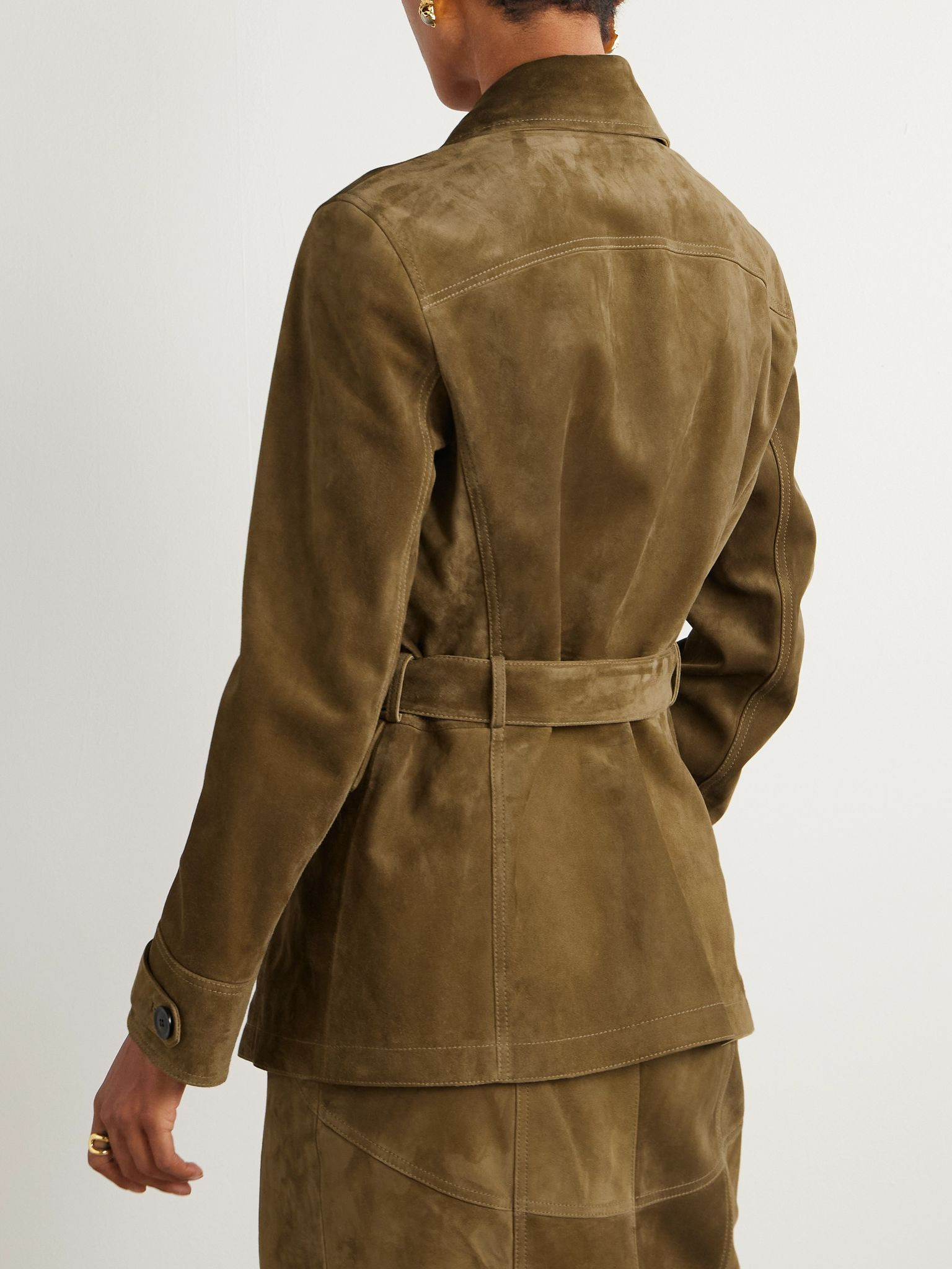 Belted double-breasted suede jacket Brown - 3