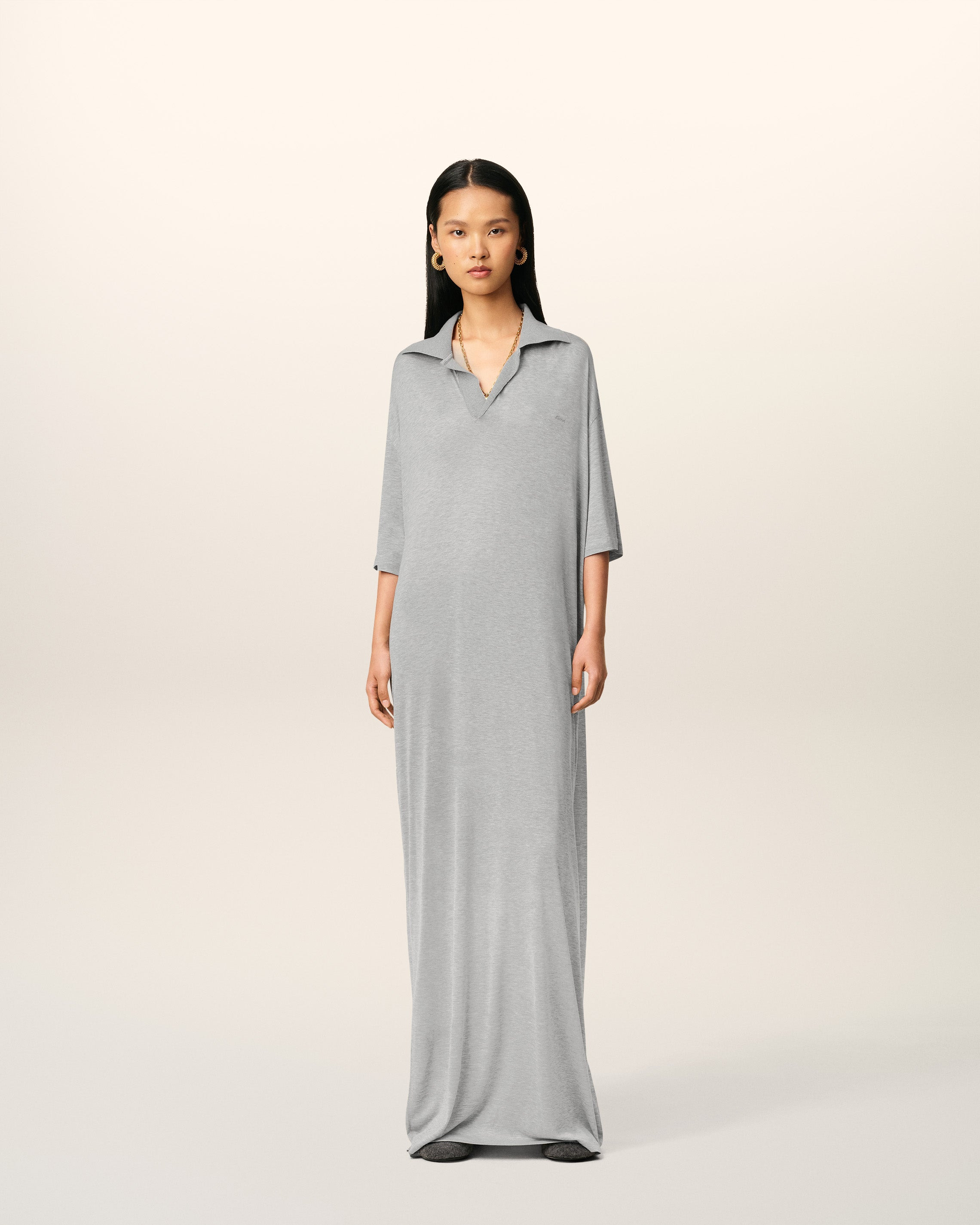 GREY COTTON SHORT SLEEVE LONG POLO DRESS - 2