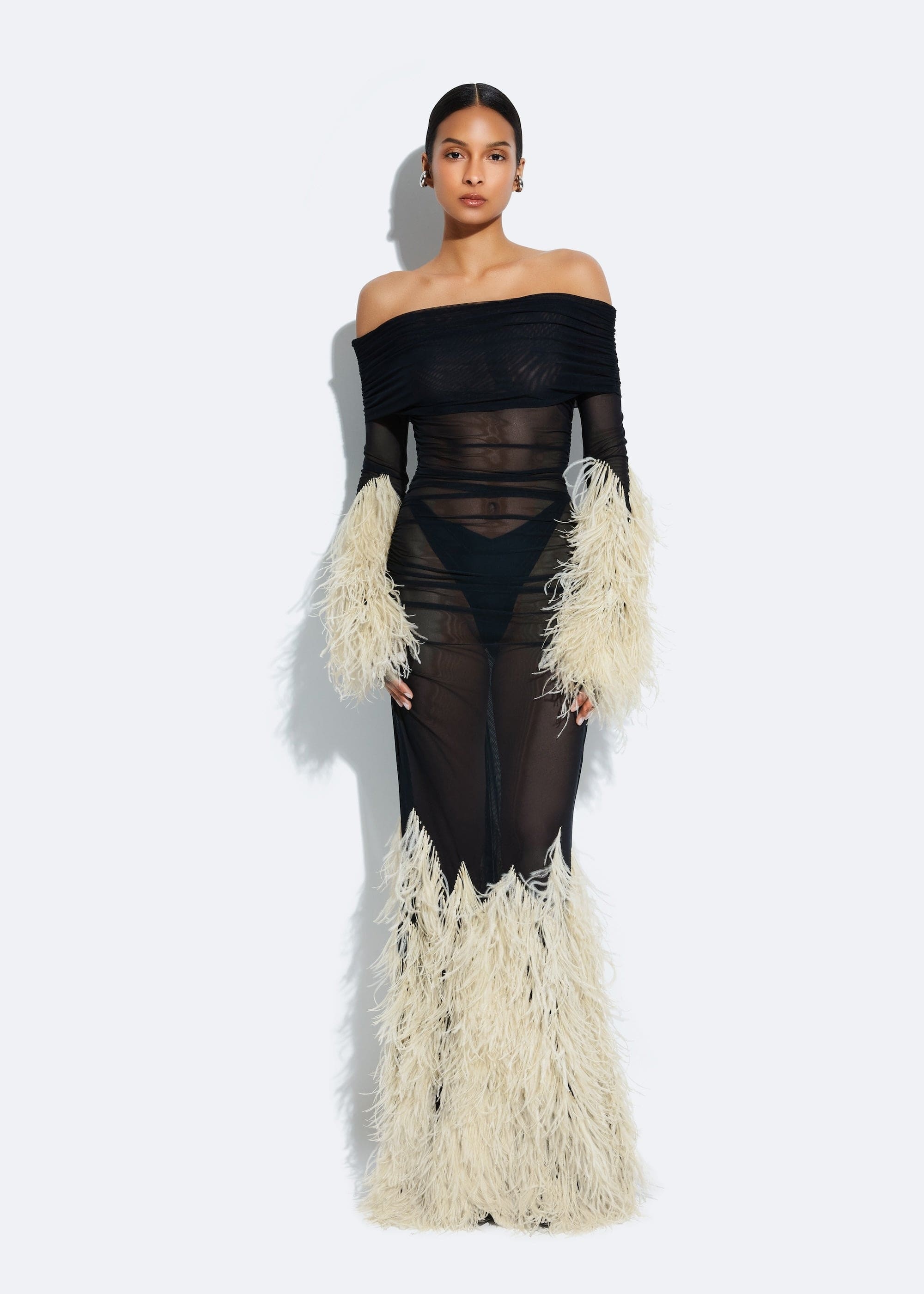 Mesh Off The Shoulder Gown With Feathers - 4