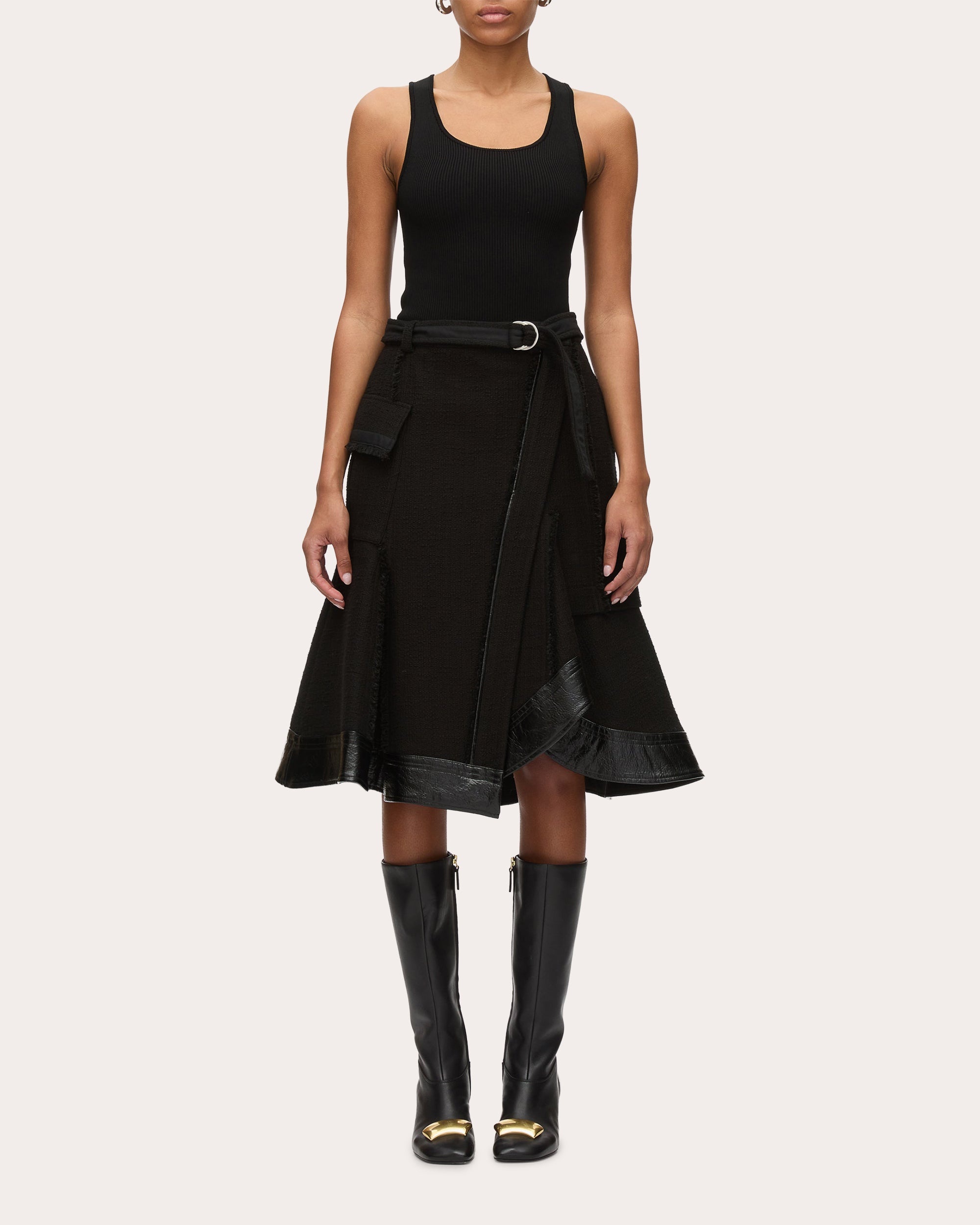 Belted Faux Leather-Trim Tweed Skirt - 5