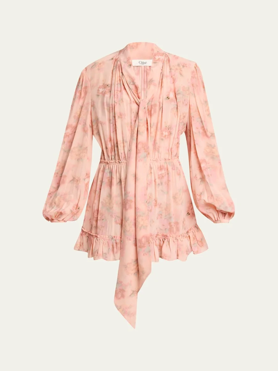 Long-Sleeve Bouquet Print Silk Dress - 1