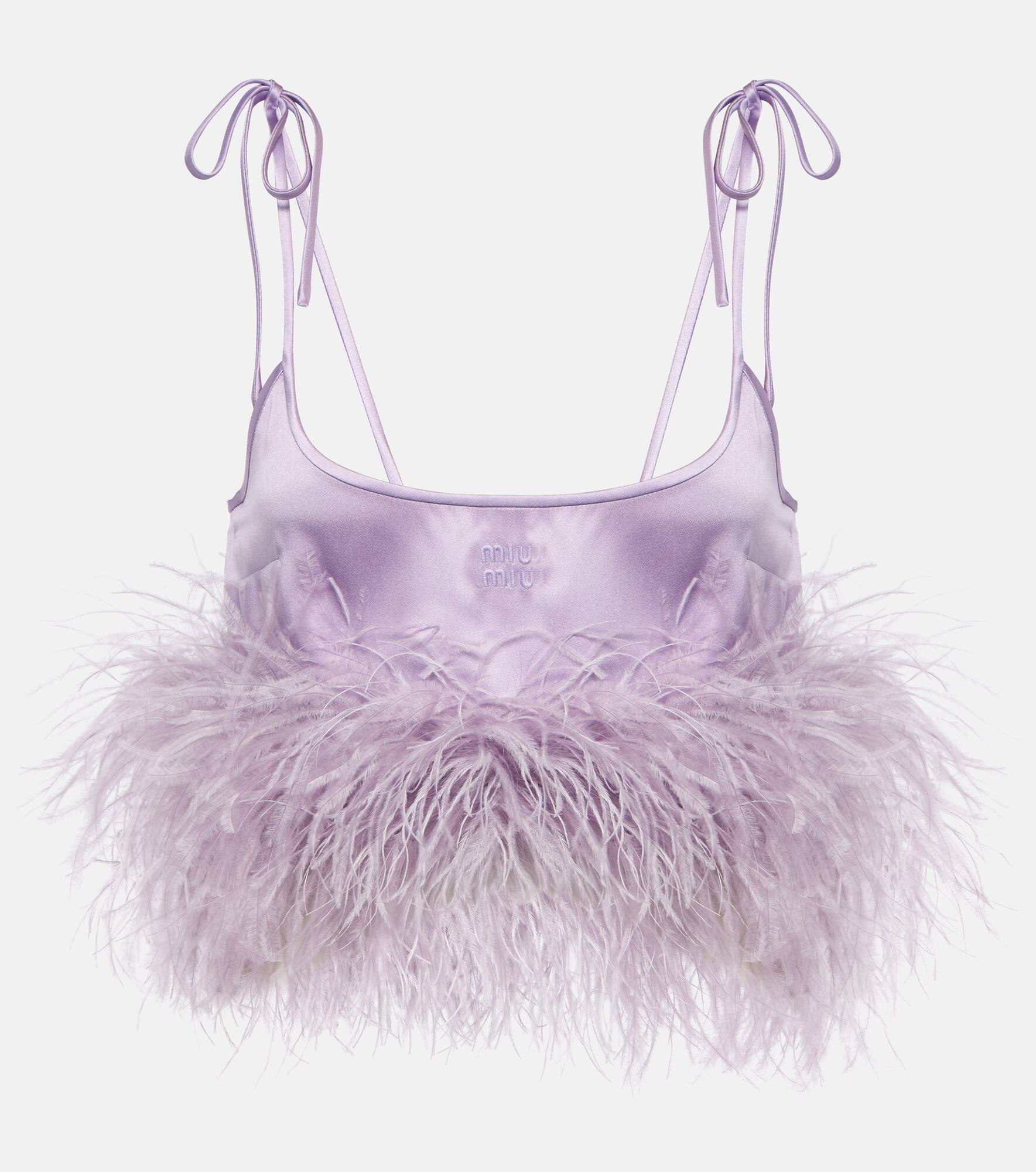 Feather-trimmed logo satin crop top - 1
