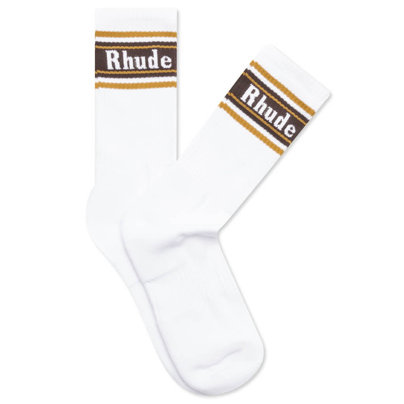Striped Logo Sock White Mustard And Brown - 1