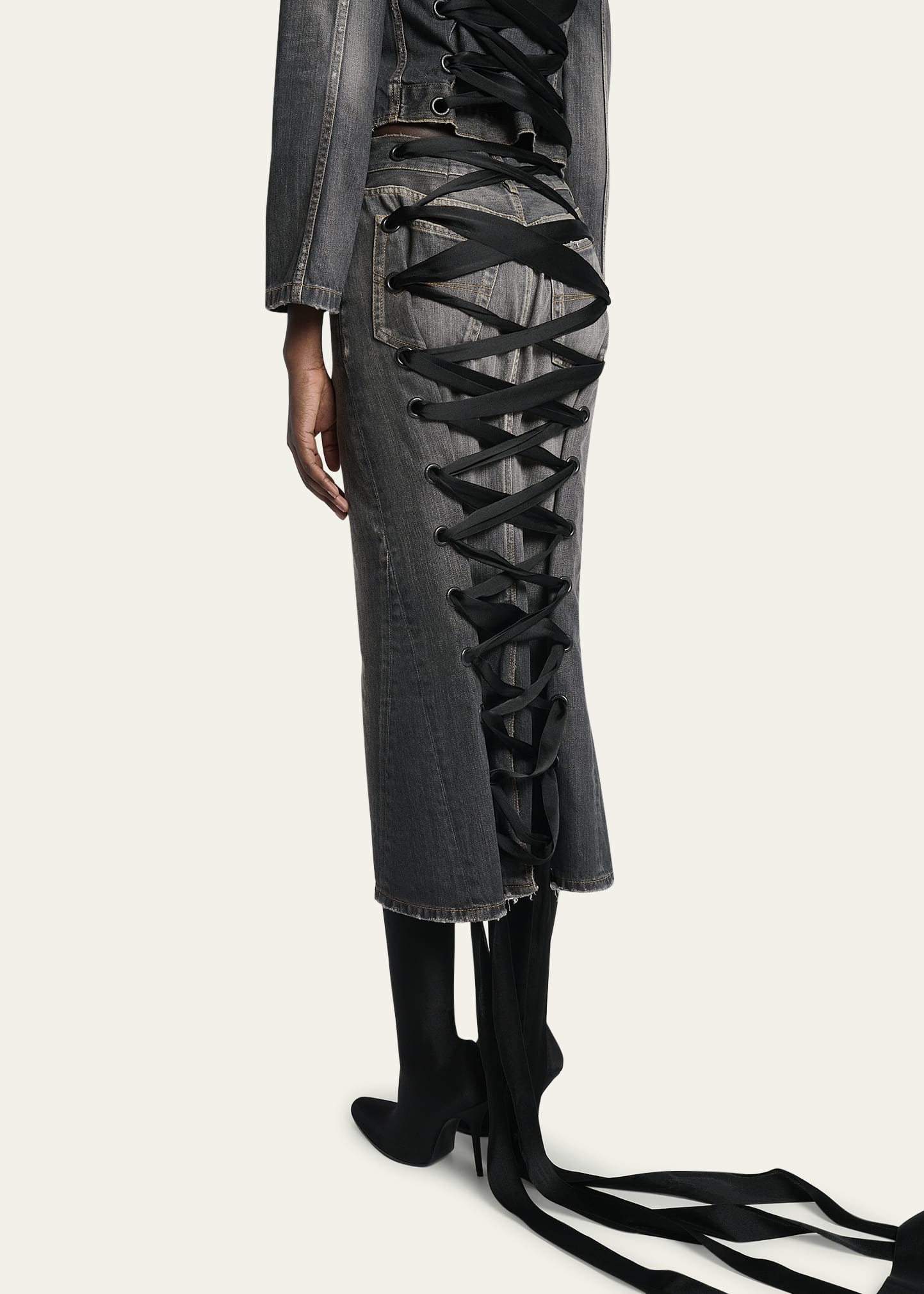 Lace-Up Denim Midi Skirt - 3