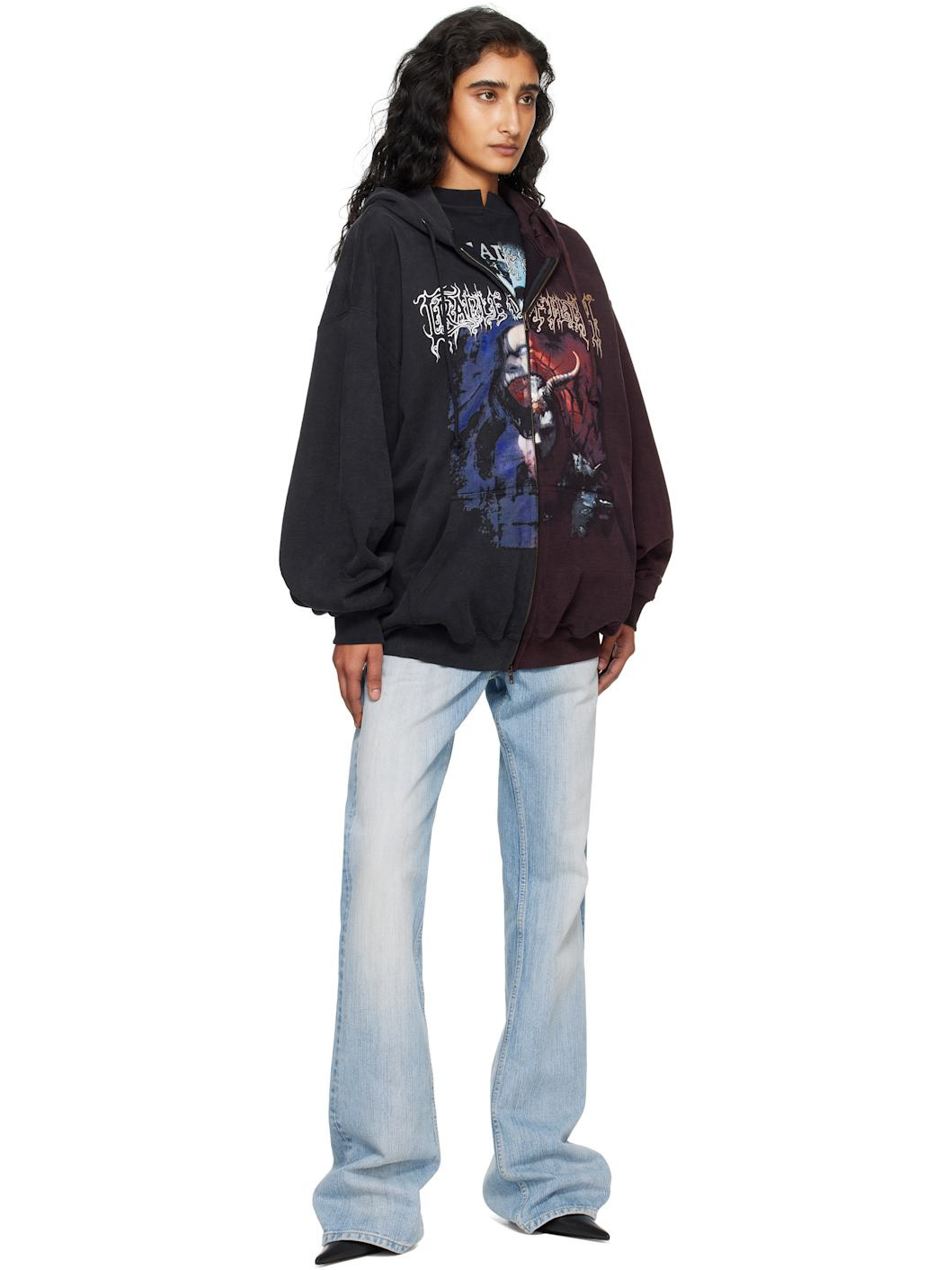 Black & Burgundy Cradle of Filth Cut-Up Oversized Zip-Up Hoodie - 4