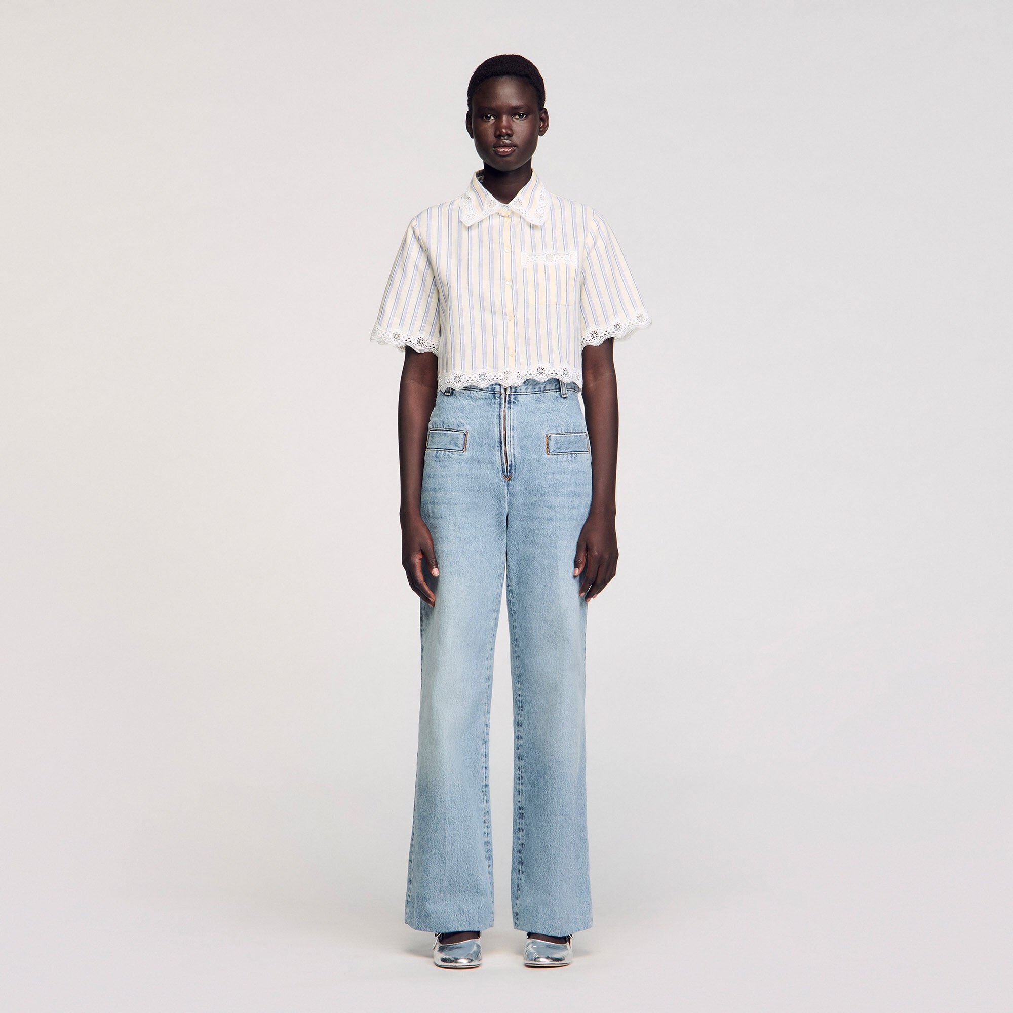 STRIPED CROPPED SHIRT WITH LACE TRIM - 2