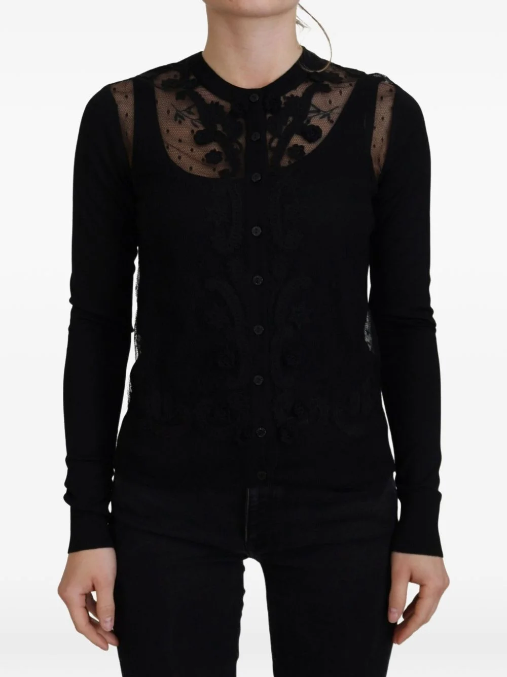 lace-panelled floral-applique cardigan - 1