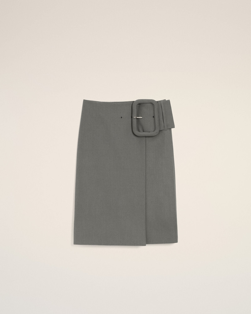 GREY NEW WOOL BIG BUCKLE BELTED MIDI SKIRT 1