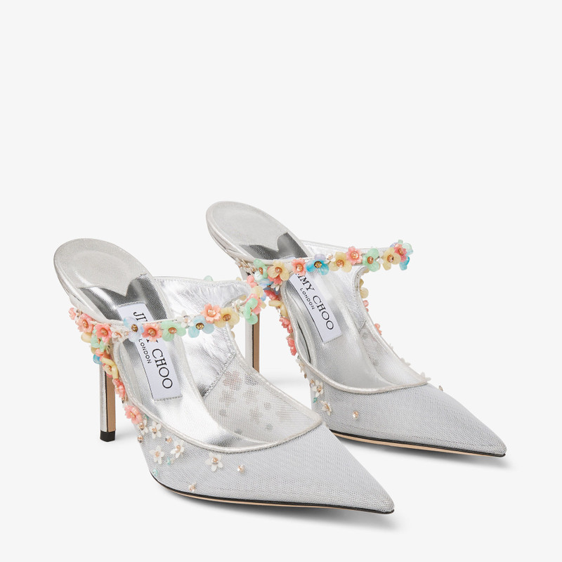 Bing Daisy 100 Silver Metallic Mesh Mule with Floral Embellishments 2
