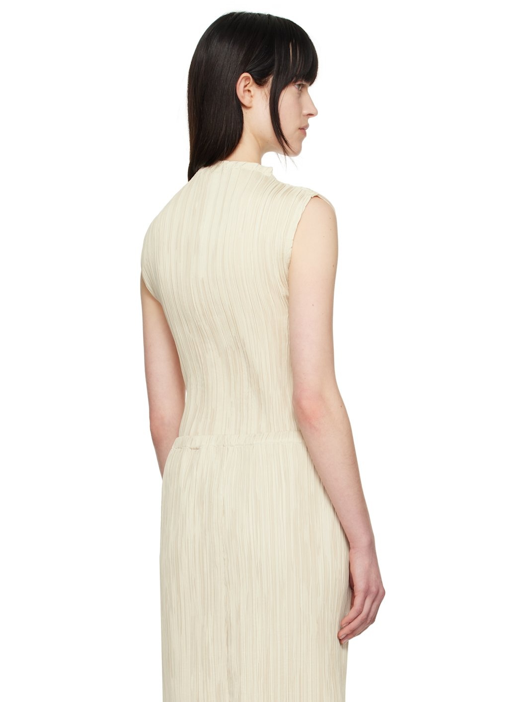 Beige Pleated Mock Neck Sleeveless Top - 3