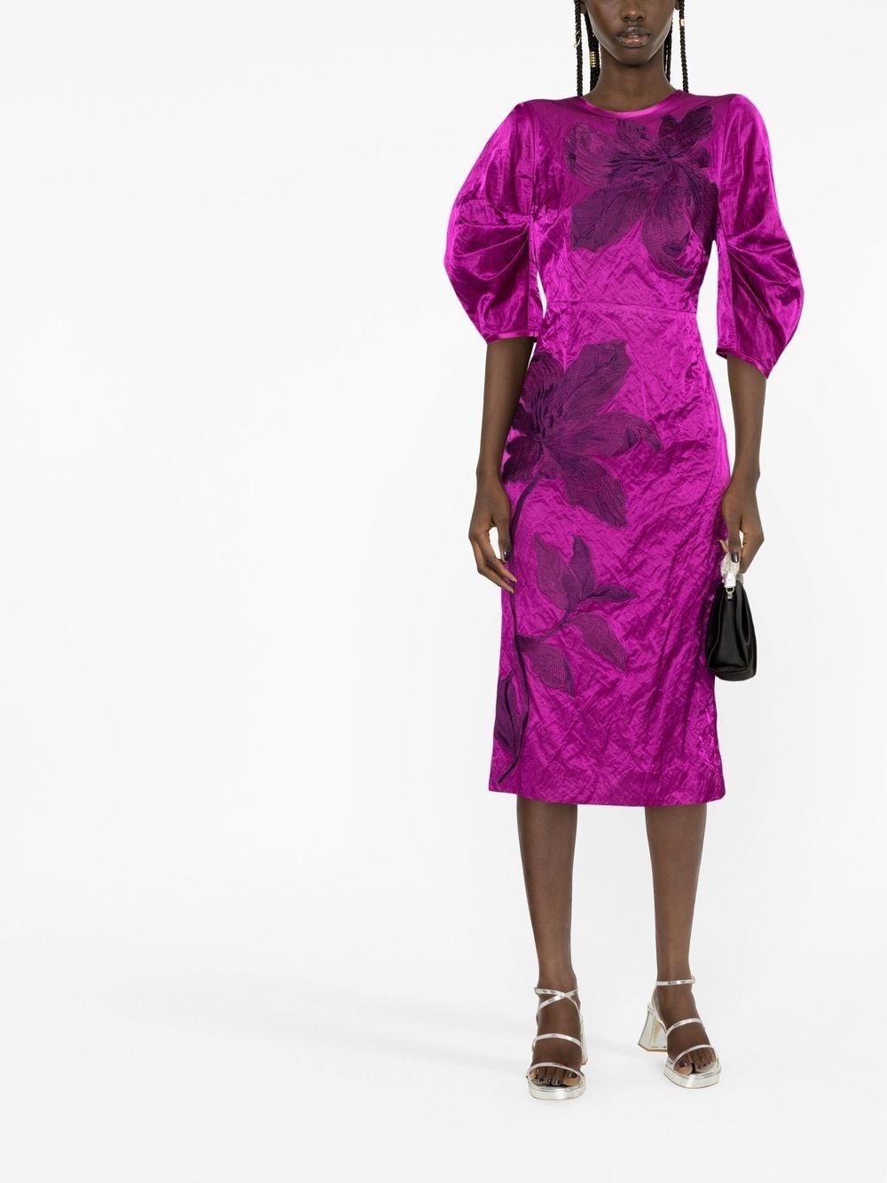 floral-embroidered puff-sleeve midi dress - 2
