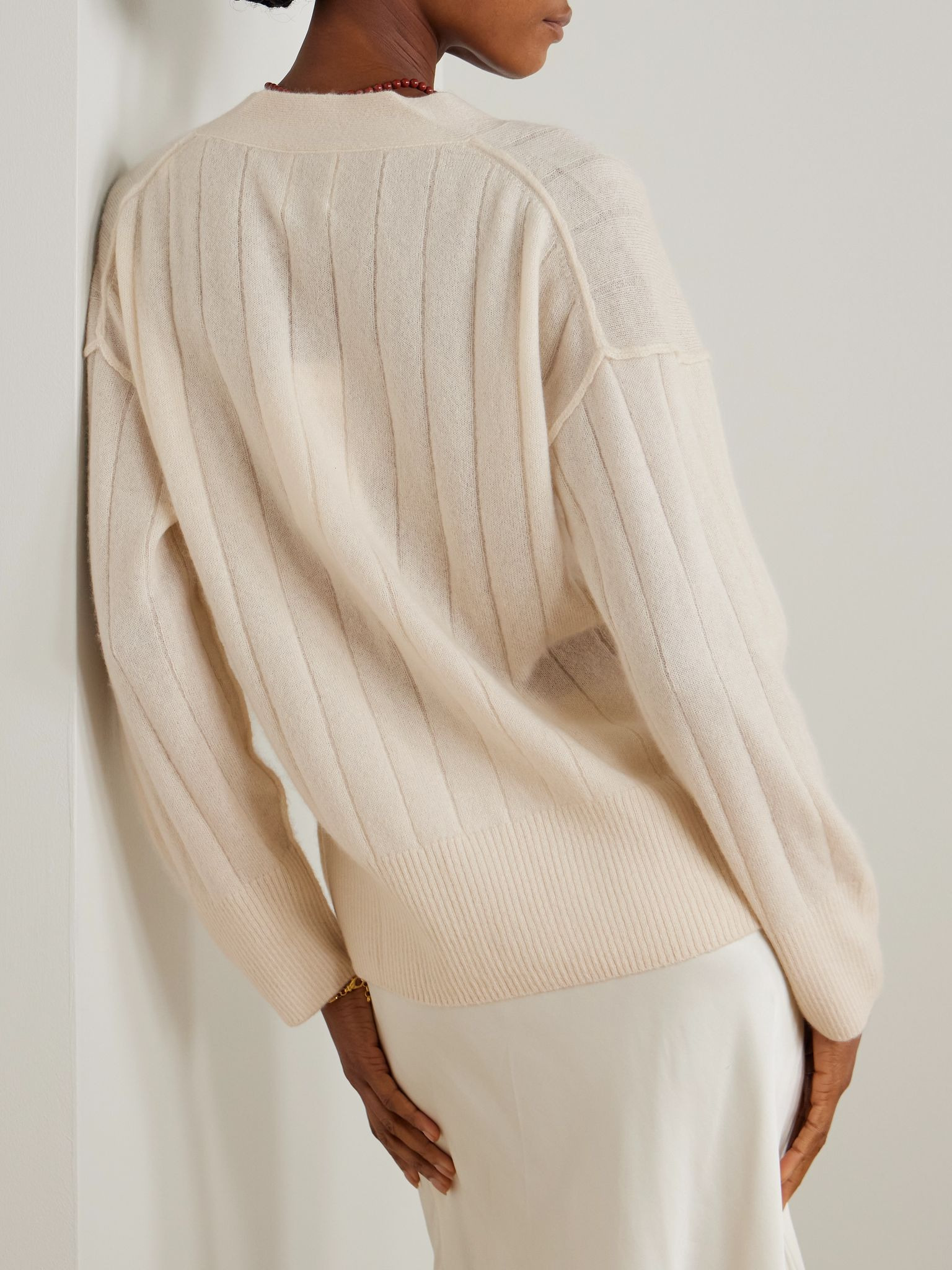 Ribbed cashmere and silk-blend cardigan Cream - 3