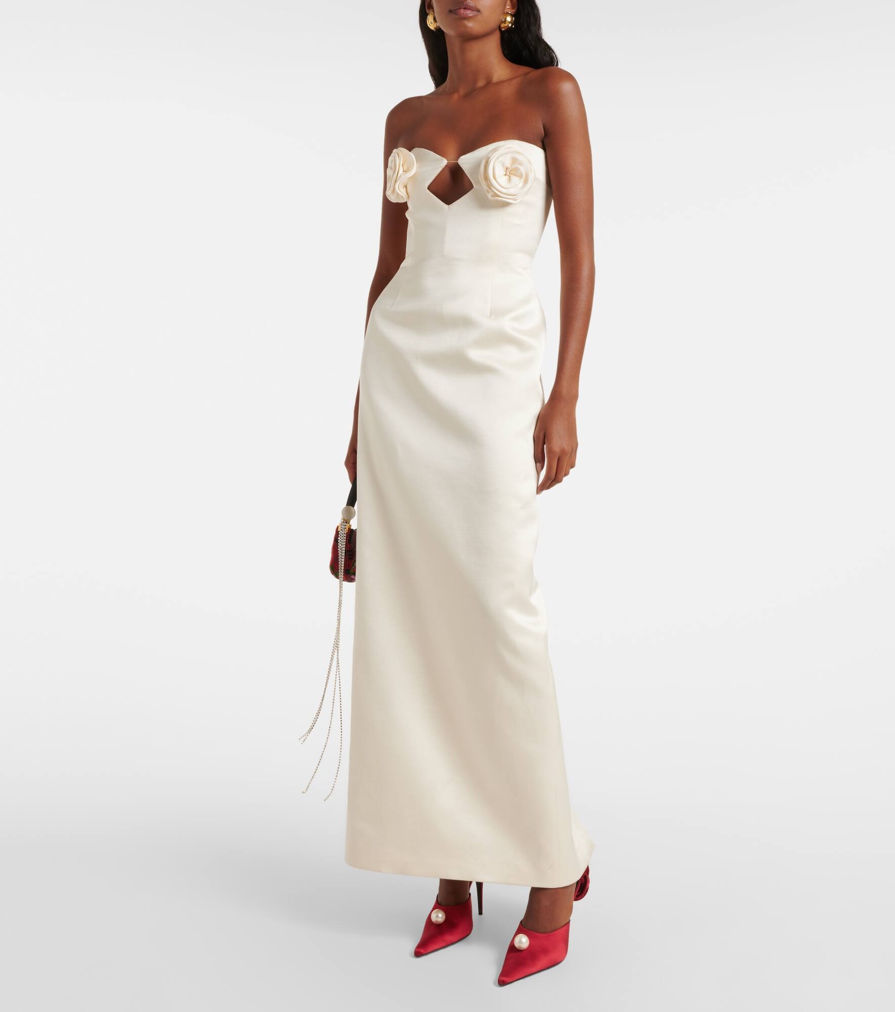 Floral-appliqué faux pearl satin mules - 3
