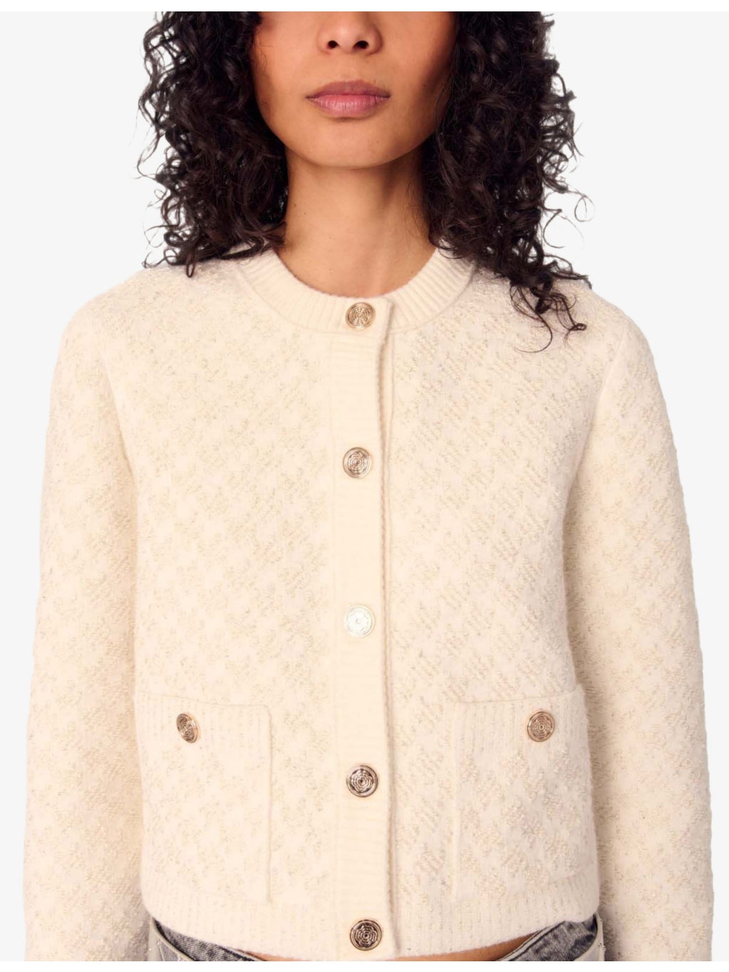 Tweed-Pattern Cropped Knitted Cardigan - 5