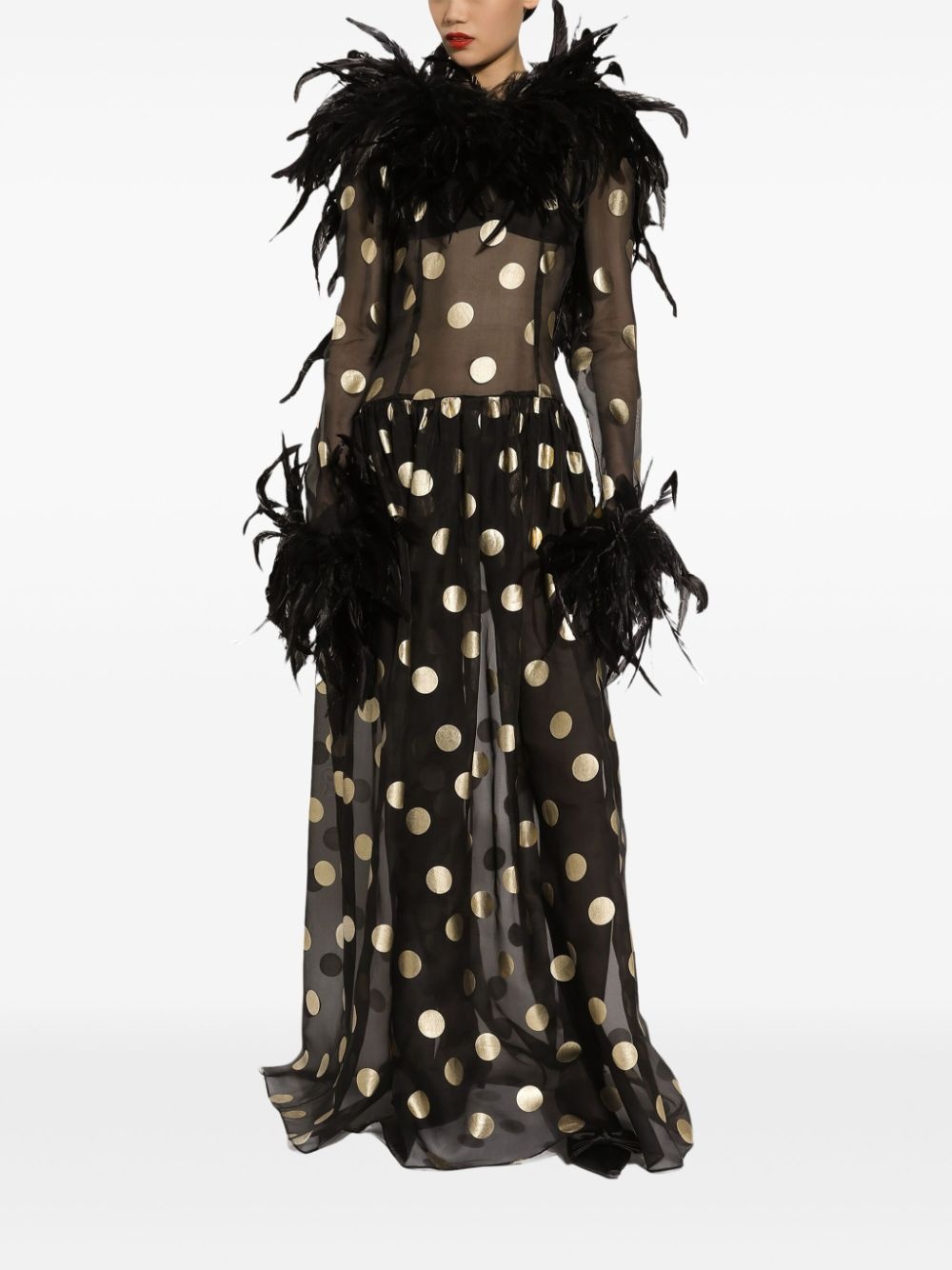feather-trim polka-dot dress - 3