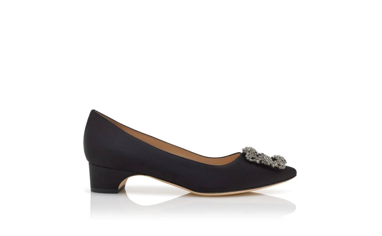 Black Satin Jewel Buckle Pumps - 1