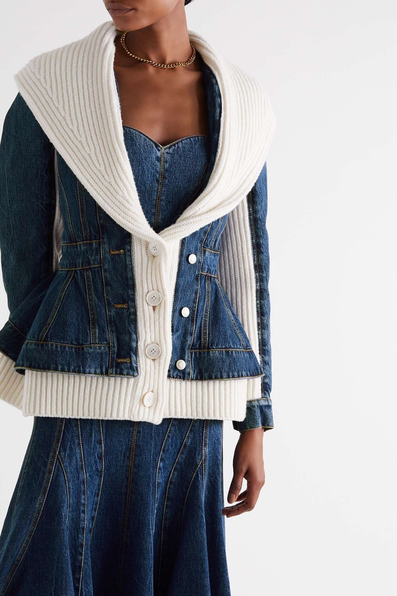 Paneled denim and ribbed wool peplum jacket - 3