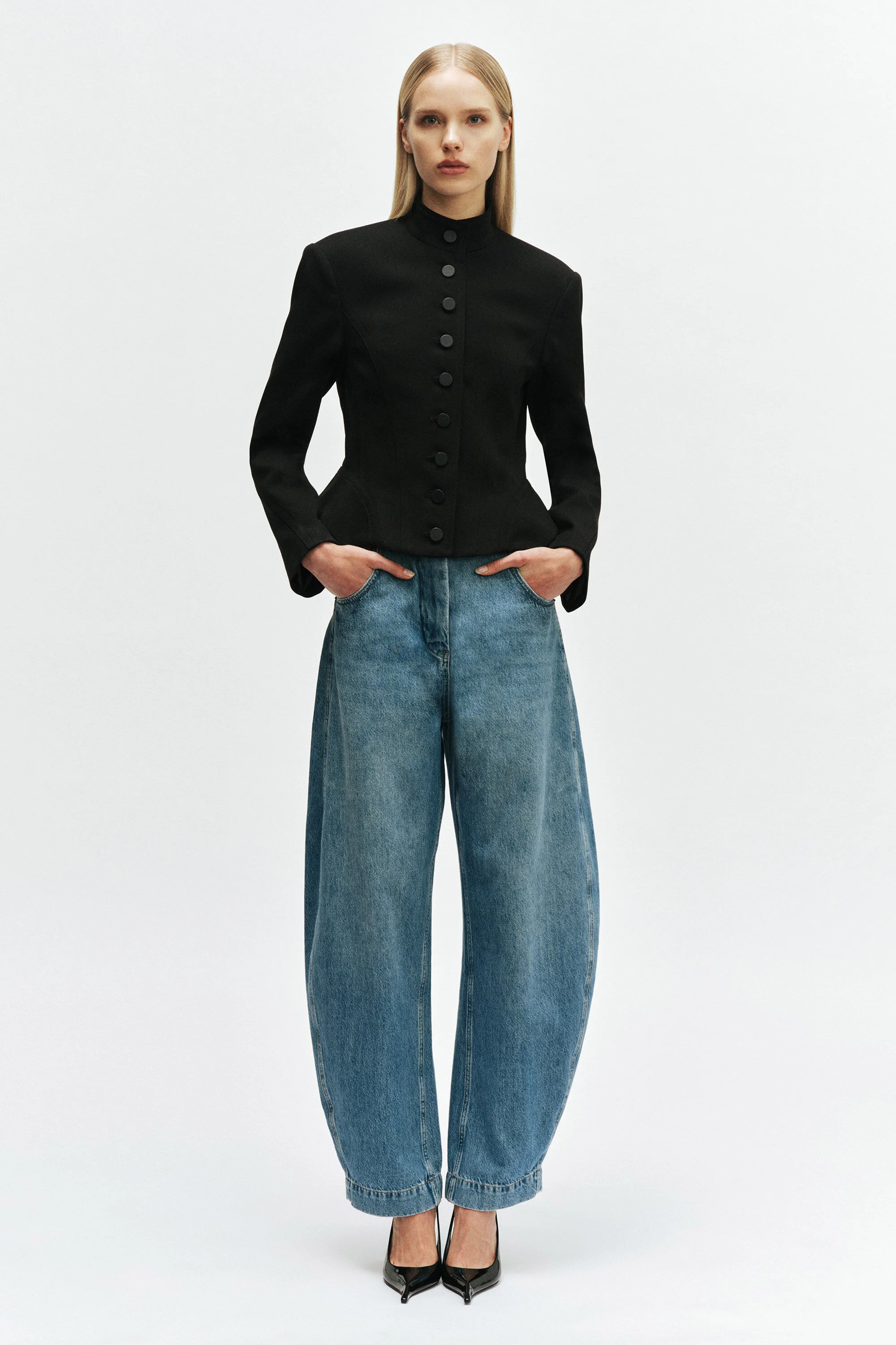 030 High Rise Barrel Leg Jean In Mid Blue - 1