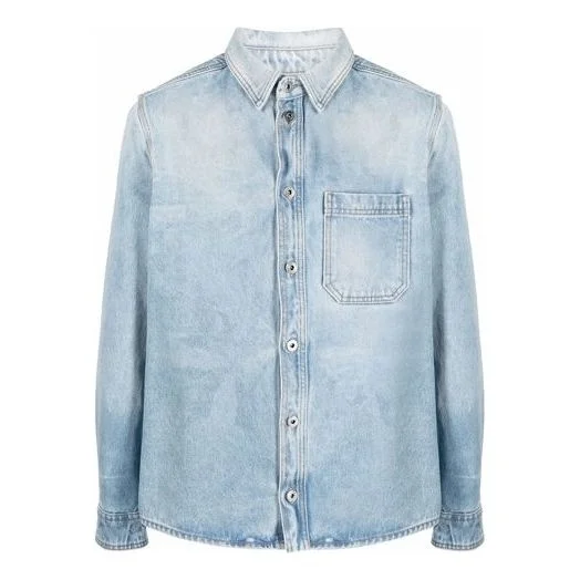 Men's Off-White SS21 Lapel Buckle Long Sleeves Blue Shirt OMYD027F21DEN0034001 - 1